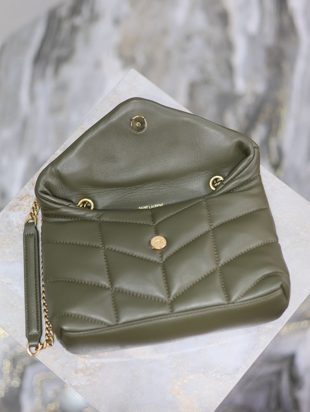 Saint Laurent 25S Loulou Puffer Mini 23 in Dark Olive Calfskin Gold Hardwre Bag