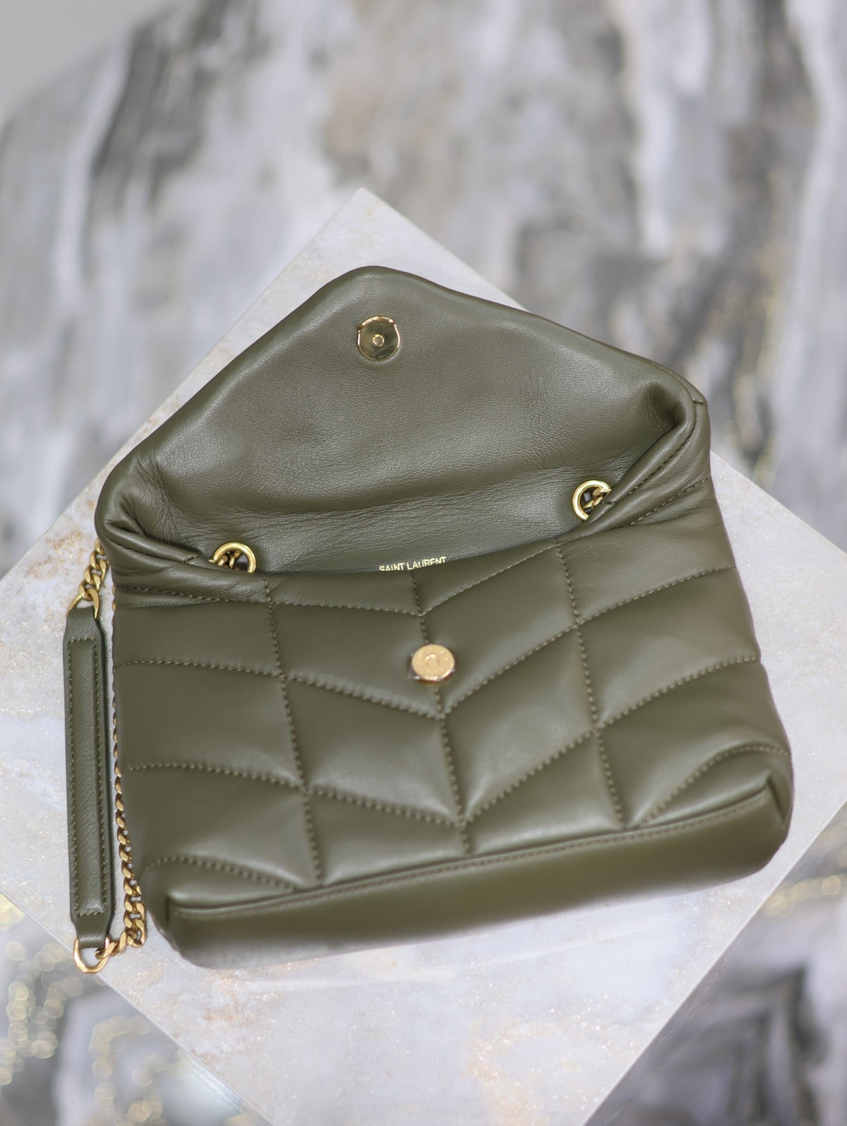 Saint Laurent 25S Loulou Puffer Mini 23 in Dark Olive Calfskin Gold Hardwre Bag