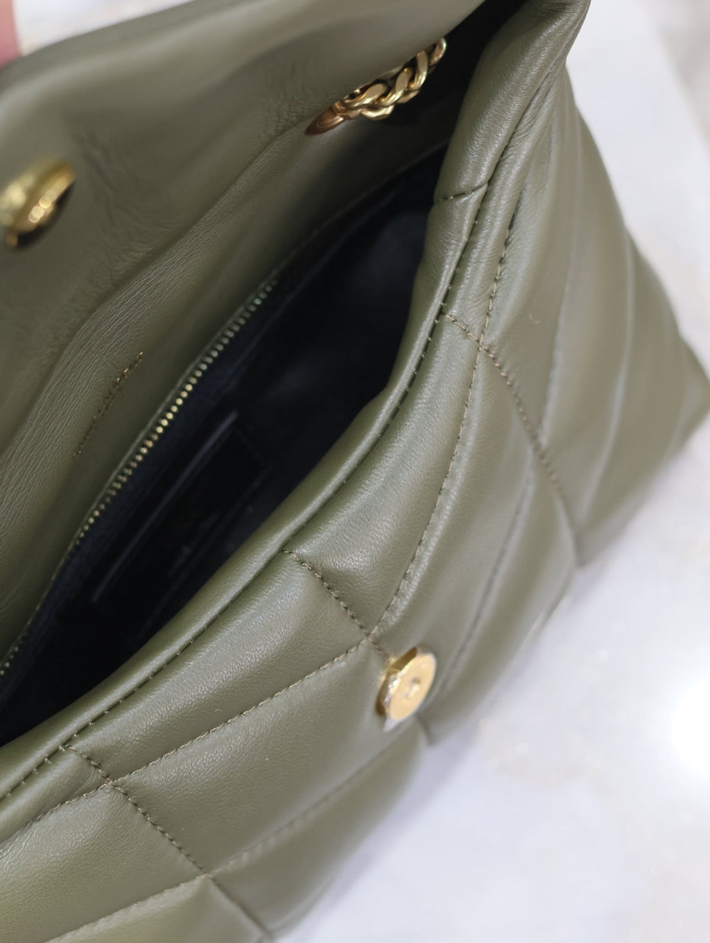 Saint Laurent 25S Loulou Puffer Mini 23 in Dark Olive Calfskin Gold Hardwre Bag