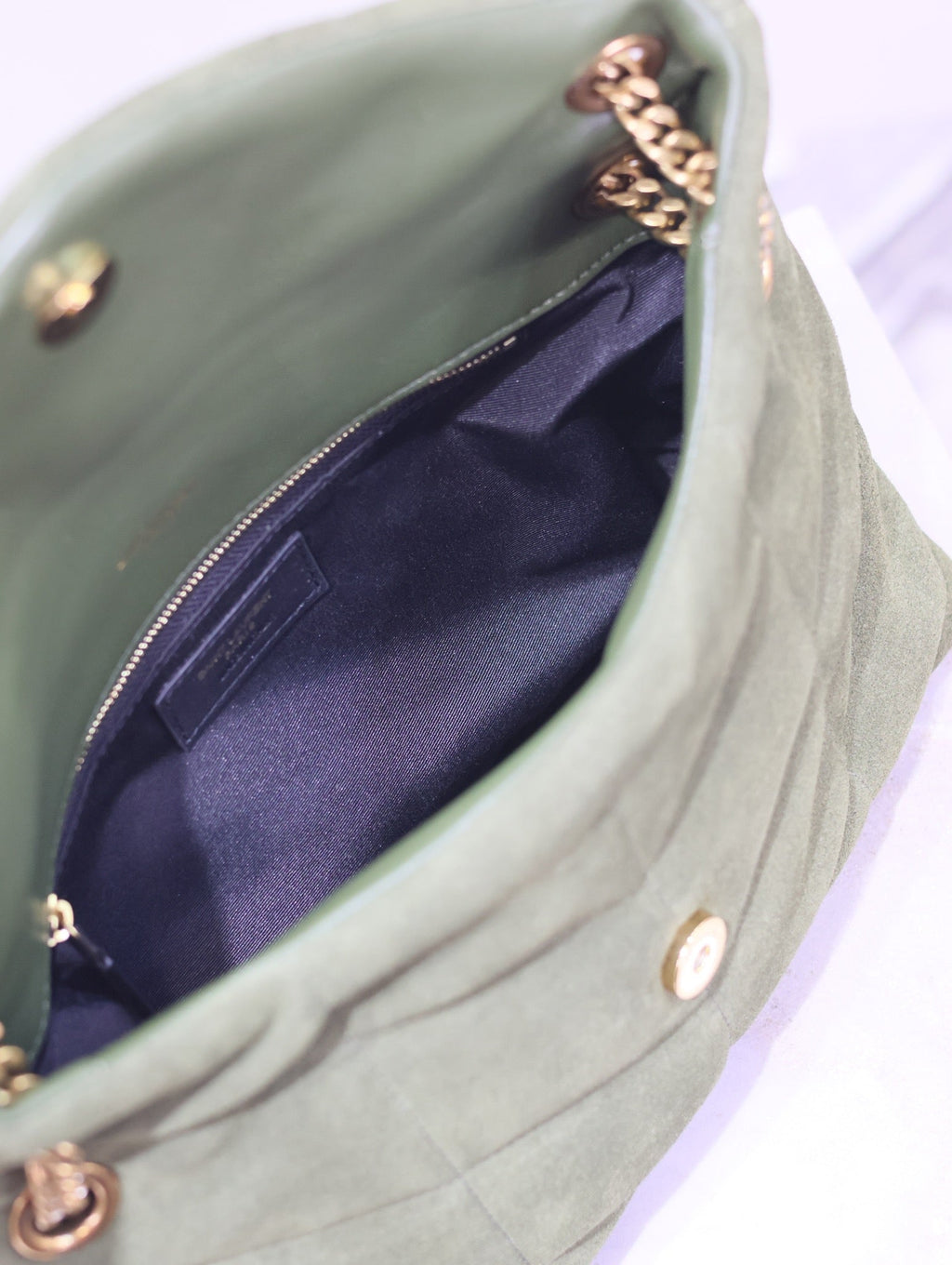 Saint Laurent 25S Loulou Puffer MM 29 in Green Suede Gold Hardwre Bag