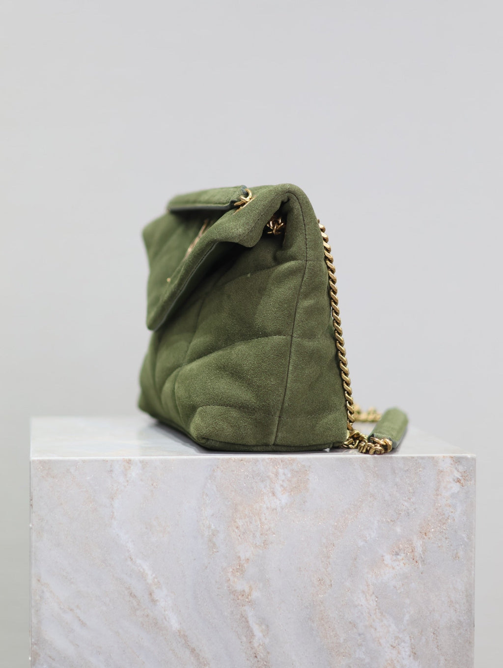 Saint Laurent 25S Loulou Puffer MM 29 in Green Suede Gold Hardwre Bag