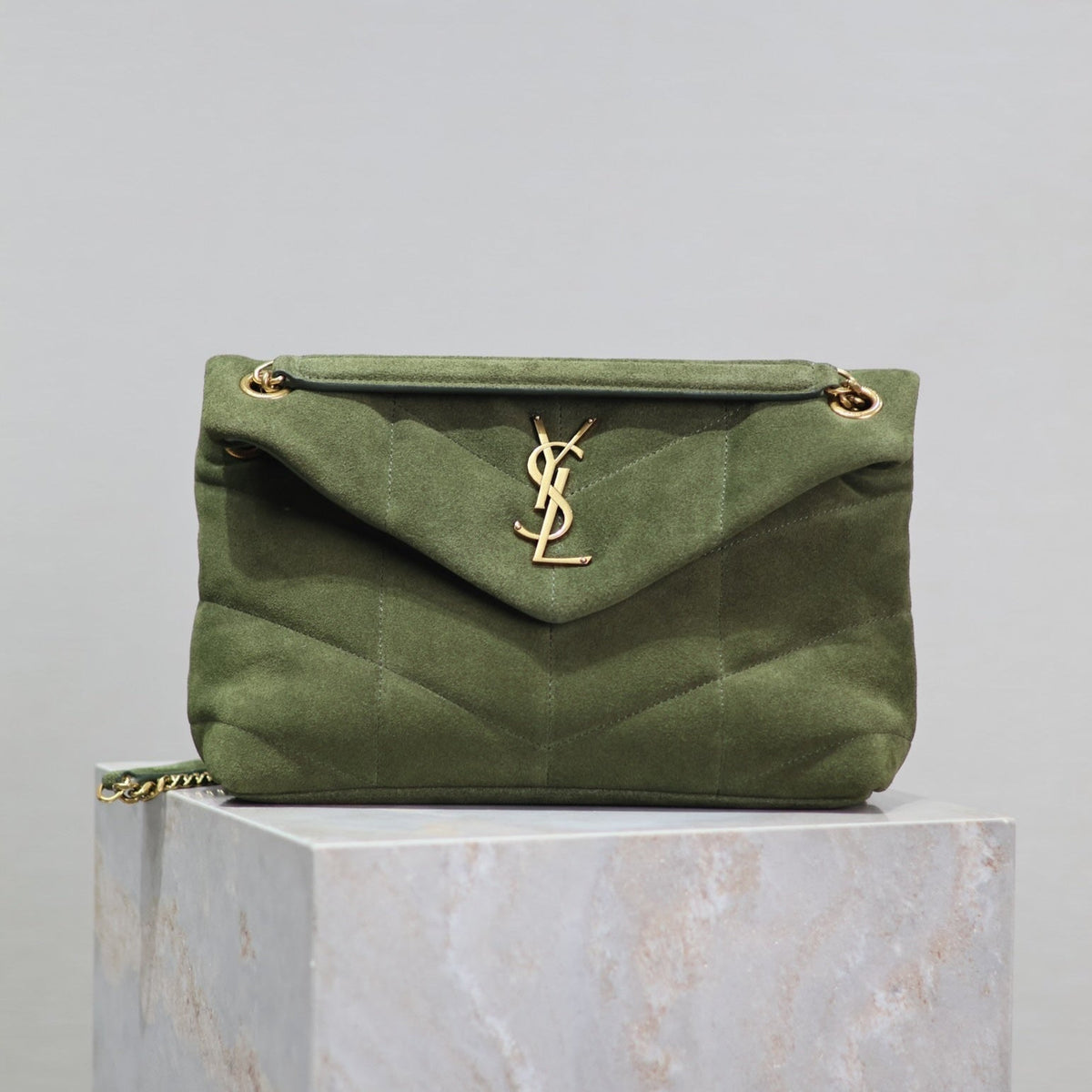 Saint Laurent 25S Loulou Puffer MM 29 in Green Suede Gold Hardwre Bag