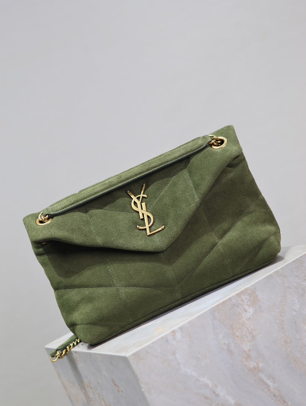 Saint Laurent 25S Loulou Puffer MM 29 in Green Suede Gold Hardwre Bag