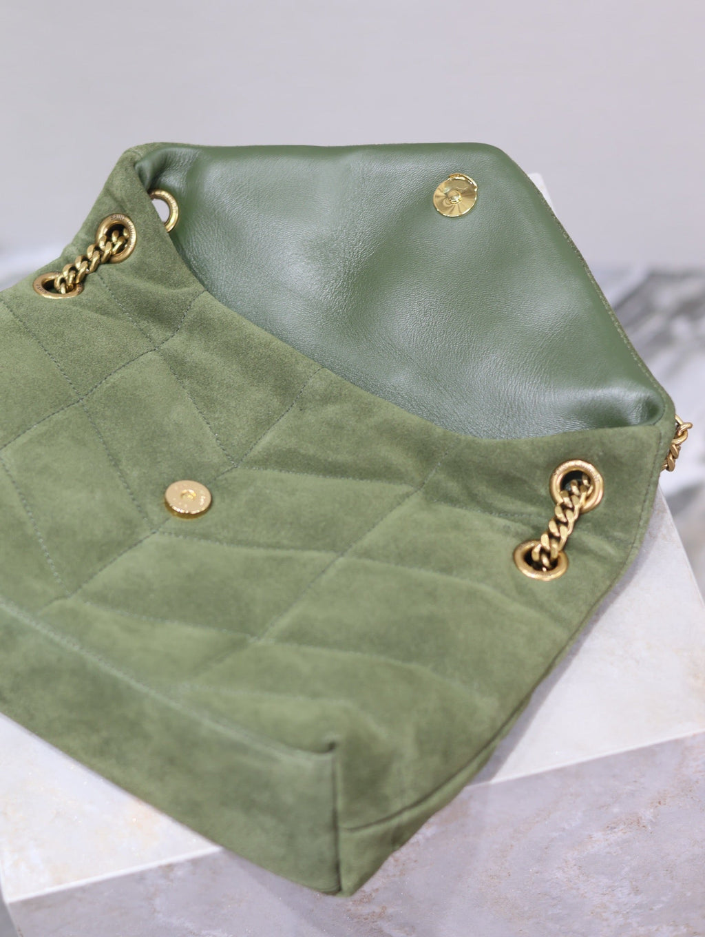 Saint Laurent 25S Loulou Puffer MM 29 in Green Suede Gold Hardwre Bag