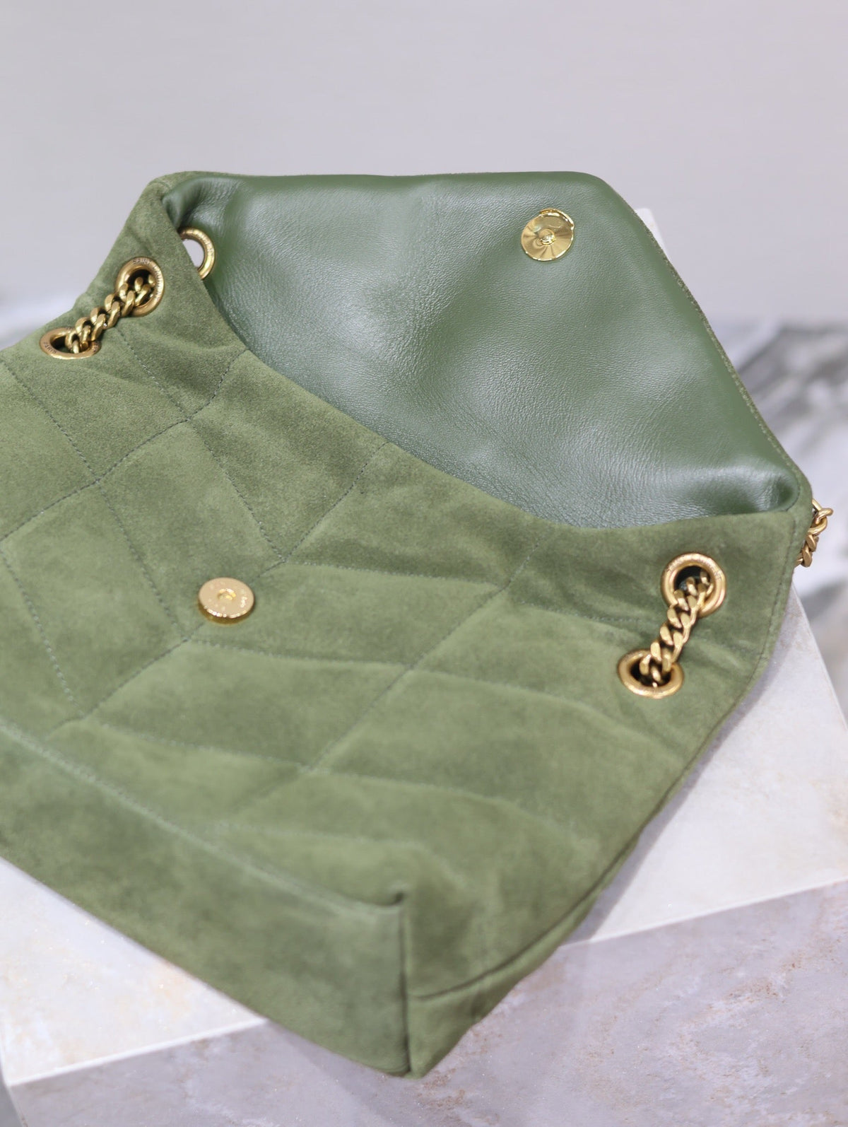 Saint Laurent 25S Loulou Puffer MM 29 in Green Suede Gold Hardwre Bag