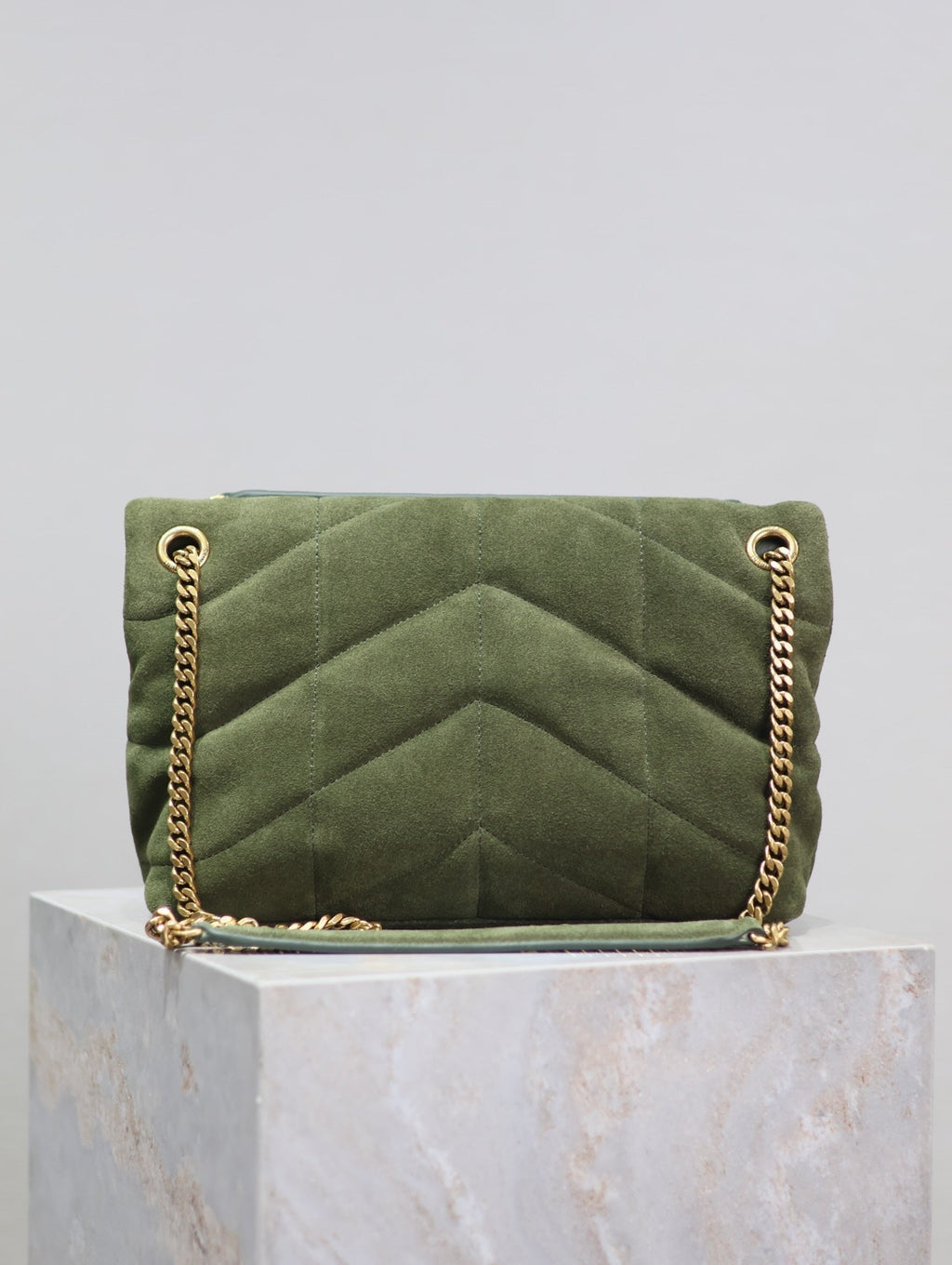 Saint Laurent 25S Loulou Puffer MM 29 in Green Suede Gold Hardwre Bag