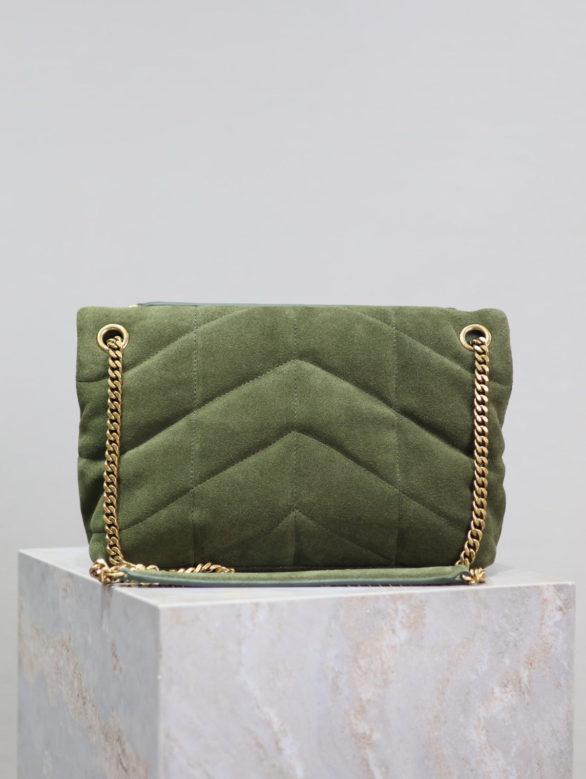 Saint Laurent 25S Loulou Puffer MM 29 in Green Suede Gold Hardwre Bag