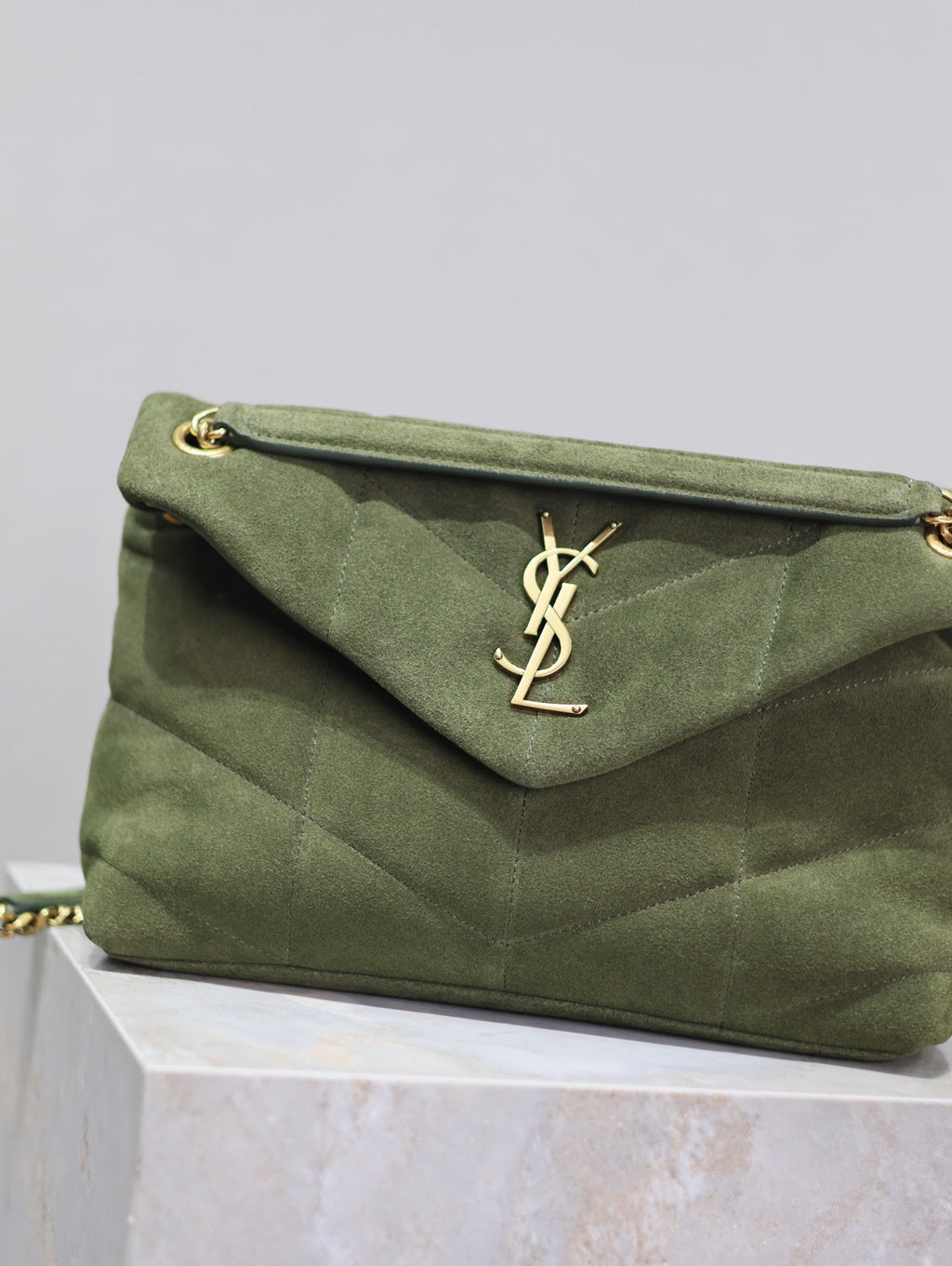 Saint Laurent 25S Loulou Puffer MM 29 in Green Suede Gold Hardwre Bag