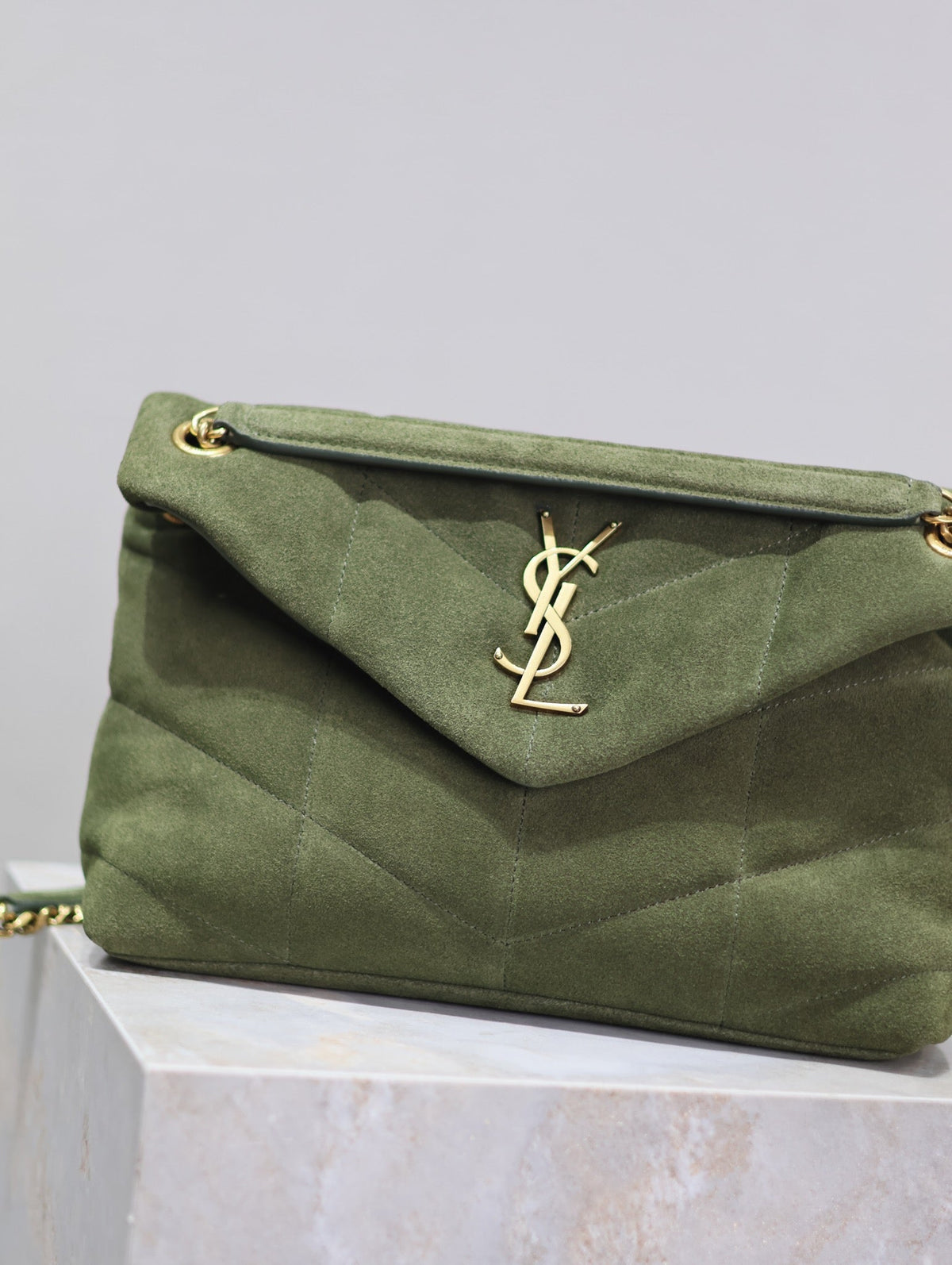 Saint Laurent 25S Loulou Puffer MM 29 in Green Suede Gold Hardwre Bag
