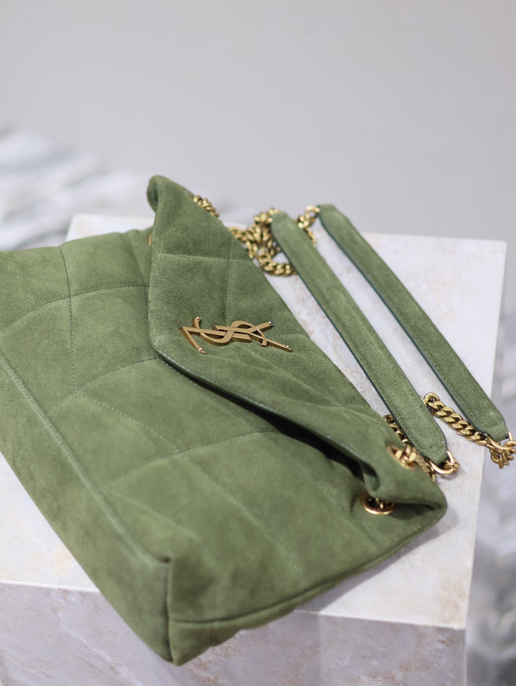 Saint Laurent 25S Loulou Puffer MM 29 in Green Suede Gold Hardwre Bag