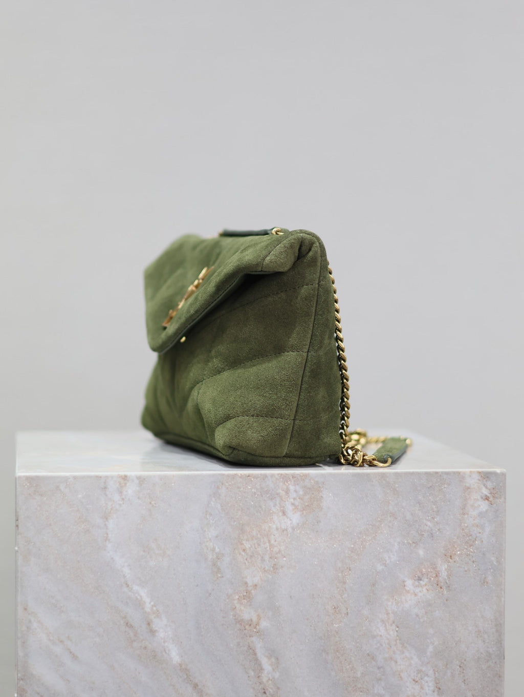 Saint Laurent 25S Loulou Puffer Mini 23 in Green Suede Gold Hardware Bag