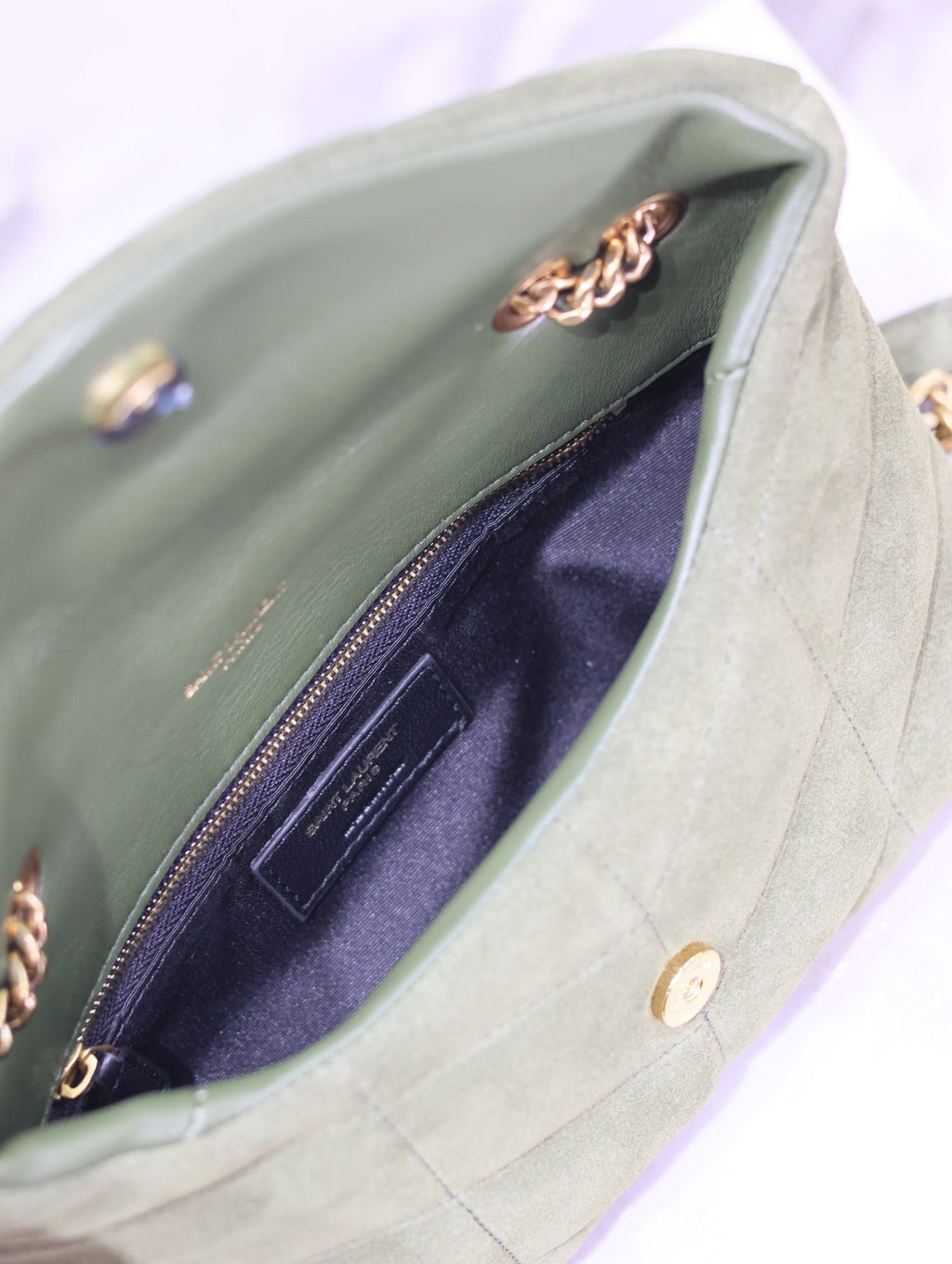 Saint Laurent Puffer Toy 23 in Pickle Green Suede Gold Hardware Bag