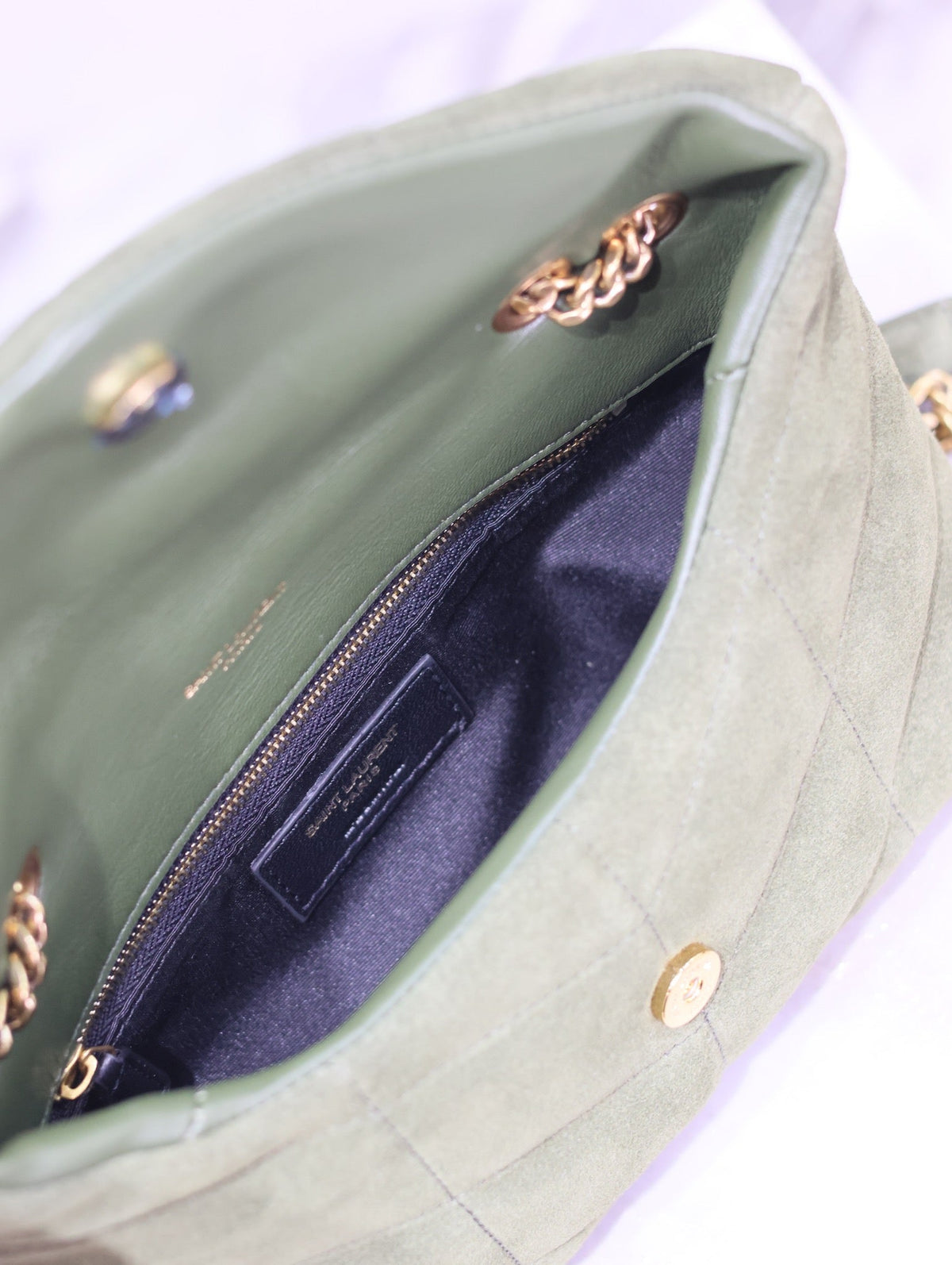 Saint Laurent Puffer Toy 23 in Pickle Green Suede Gold Hardware Bag