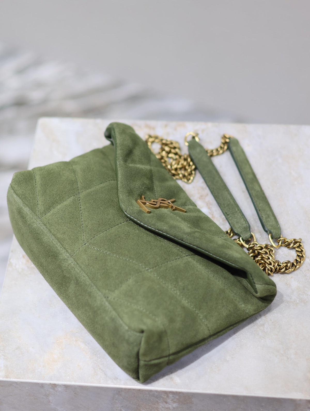Saint Laurent Puffer Toy 23 in Pickle Green Suede Gold Hardware Bag