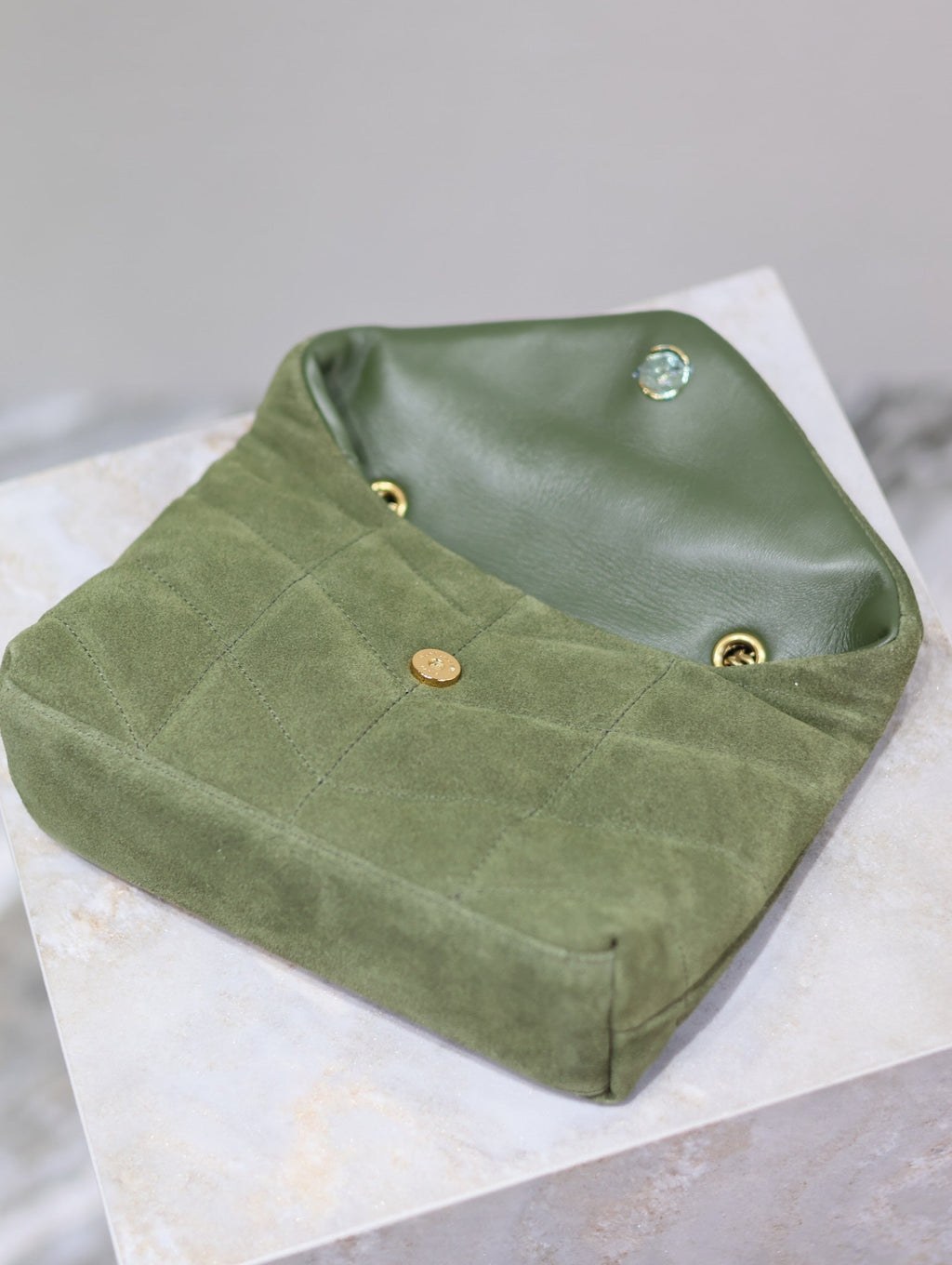Saint Laurent Puffer Toy 23 in Pickle Green Suede Gold Hardware Bag