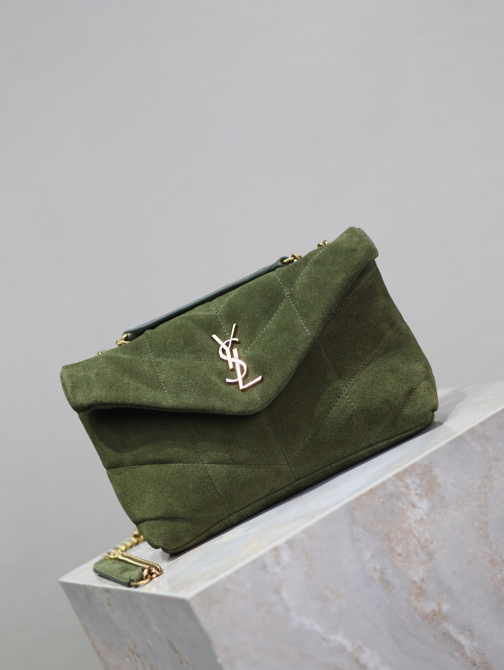 Saint Laurent Puffer Toy 23 in Pickle Green Suede Gold Hardware Bag