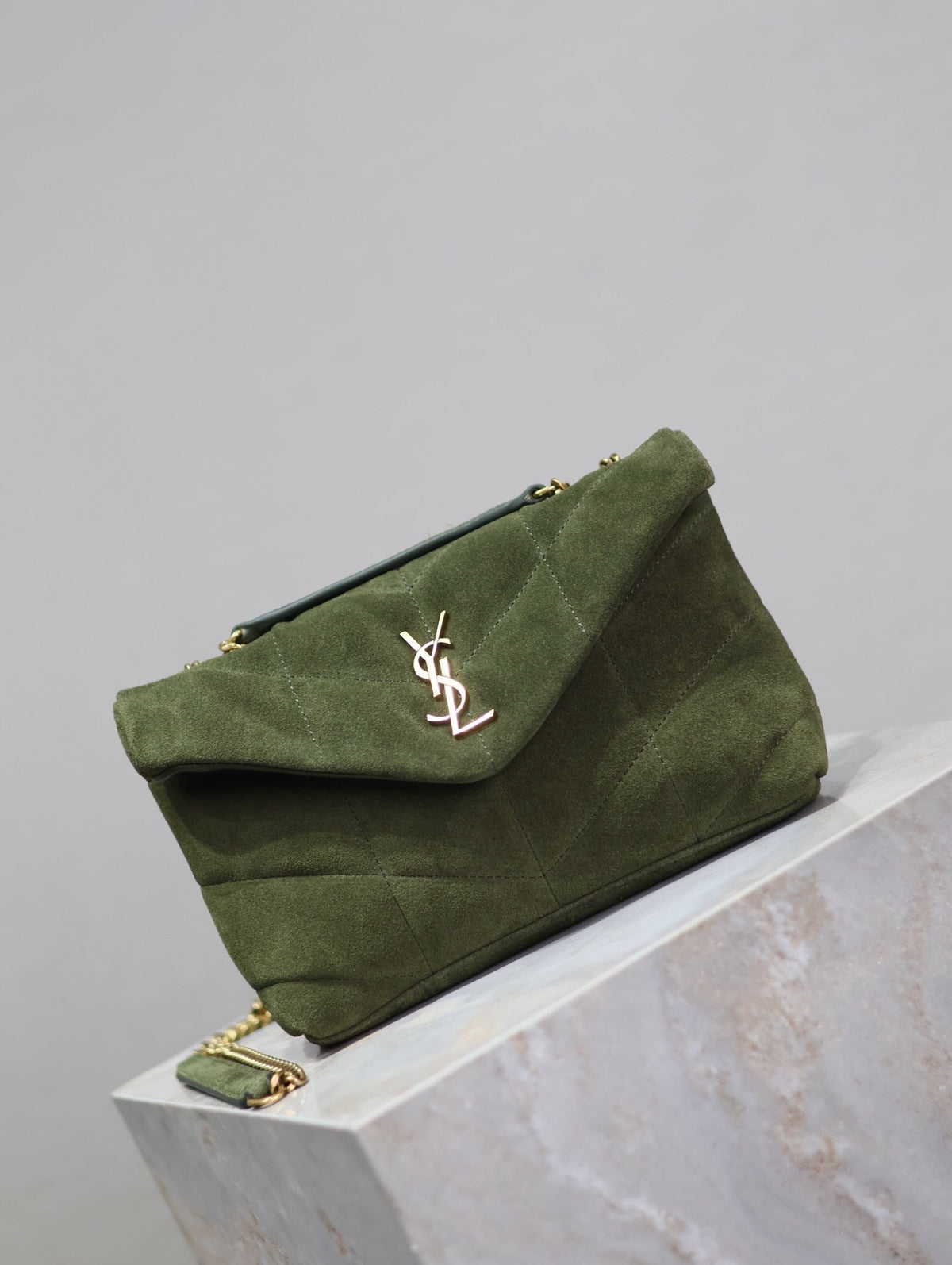 Saint Laurent Puffer Toy 23 in Pickle Green Suede Gold Hardware Bag