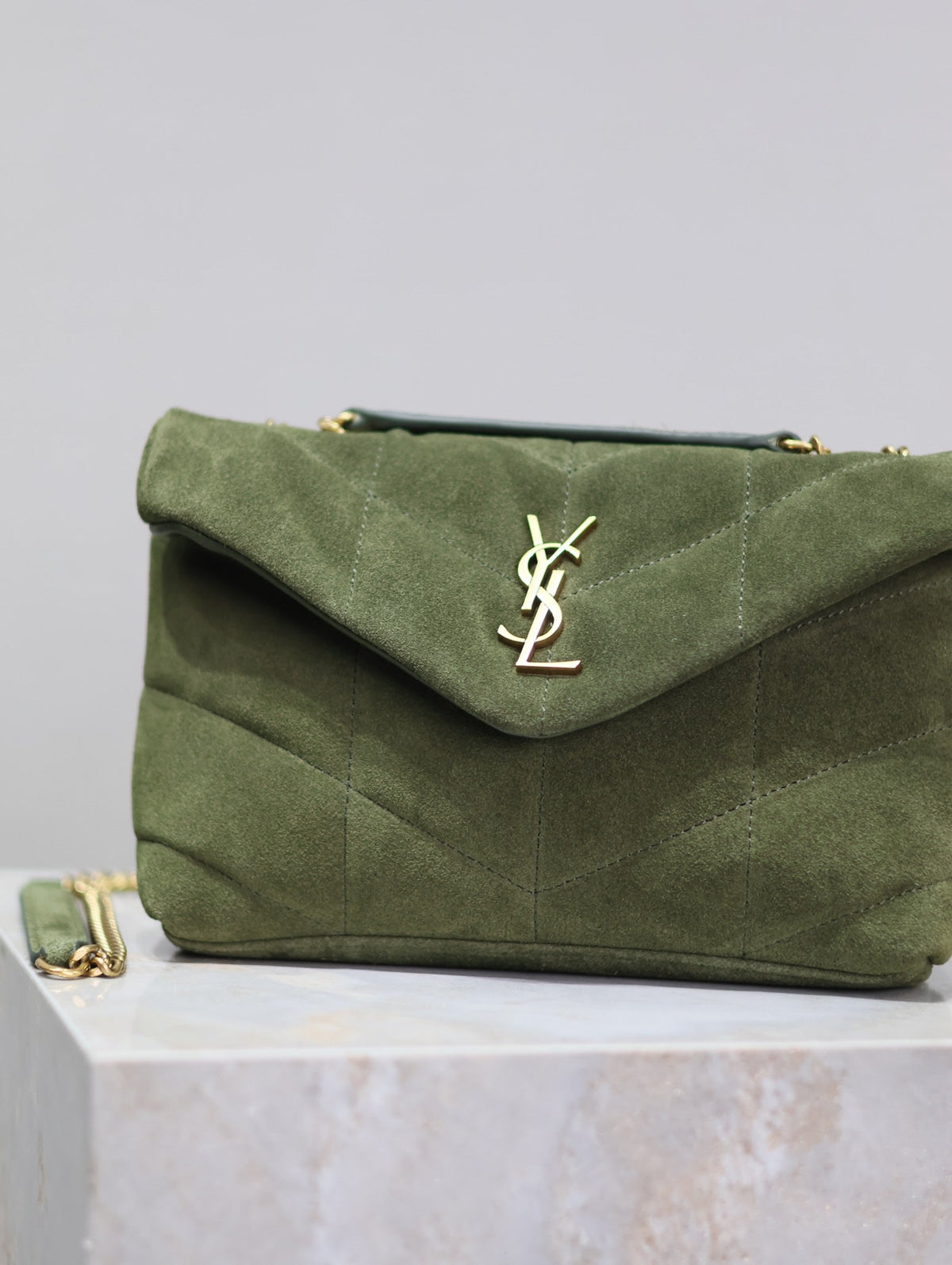 Saint Laurent Puffer Toy 23 in Pickle Green Suede Gold Hardware Bag