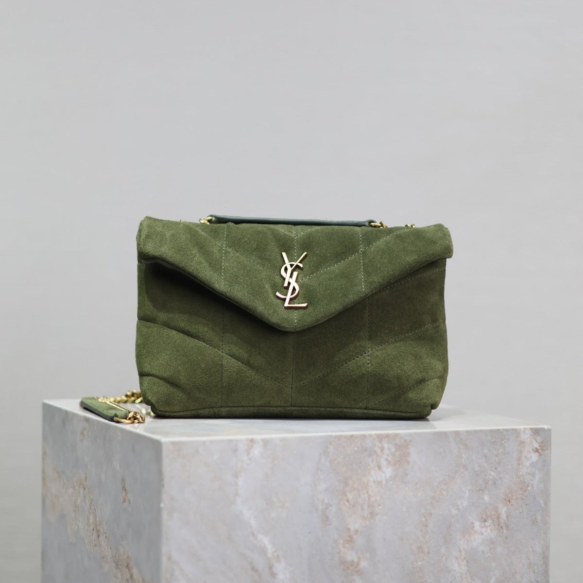Saint Laurent Puffer Toy 23 in Pickle Green Suede Gold Hardware Bag