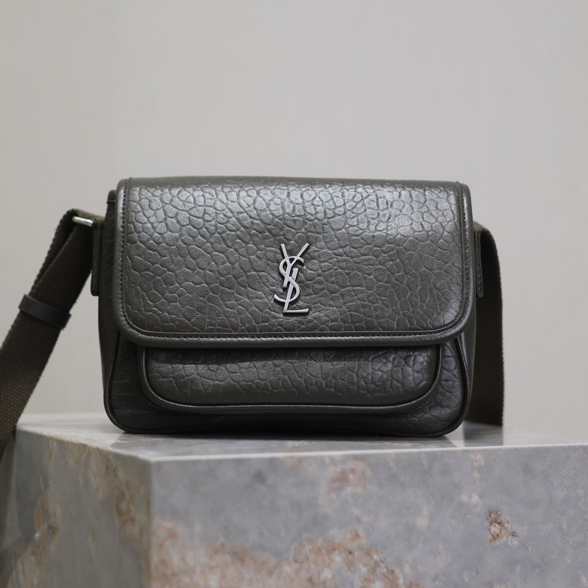 Saint Laurent Niki Baby 22 in Uniform Green Lambskin Silver Logo Bag