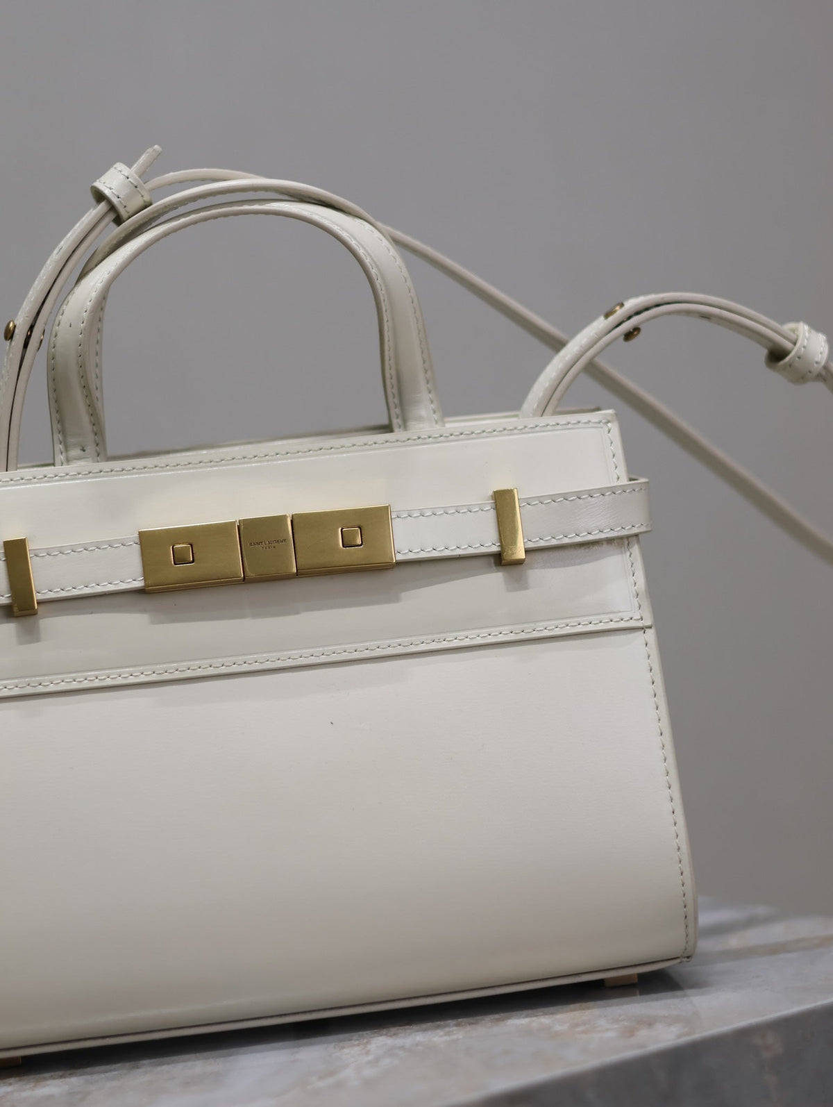 Saint Laurent Manhattan Small Top Handle Bag 21 in White Calfskin Gold Hardware