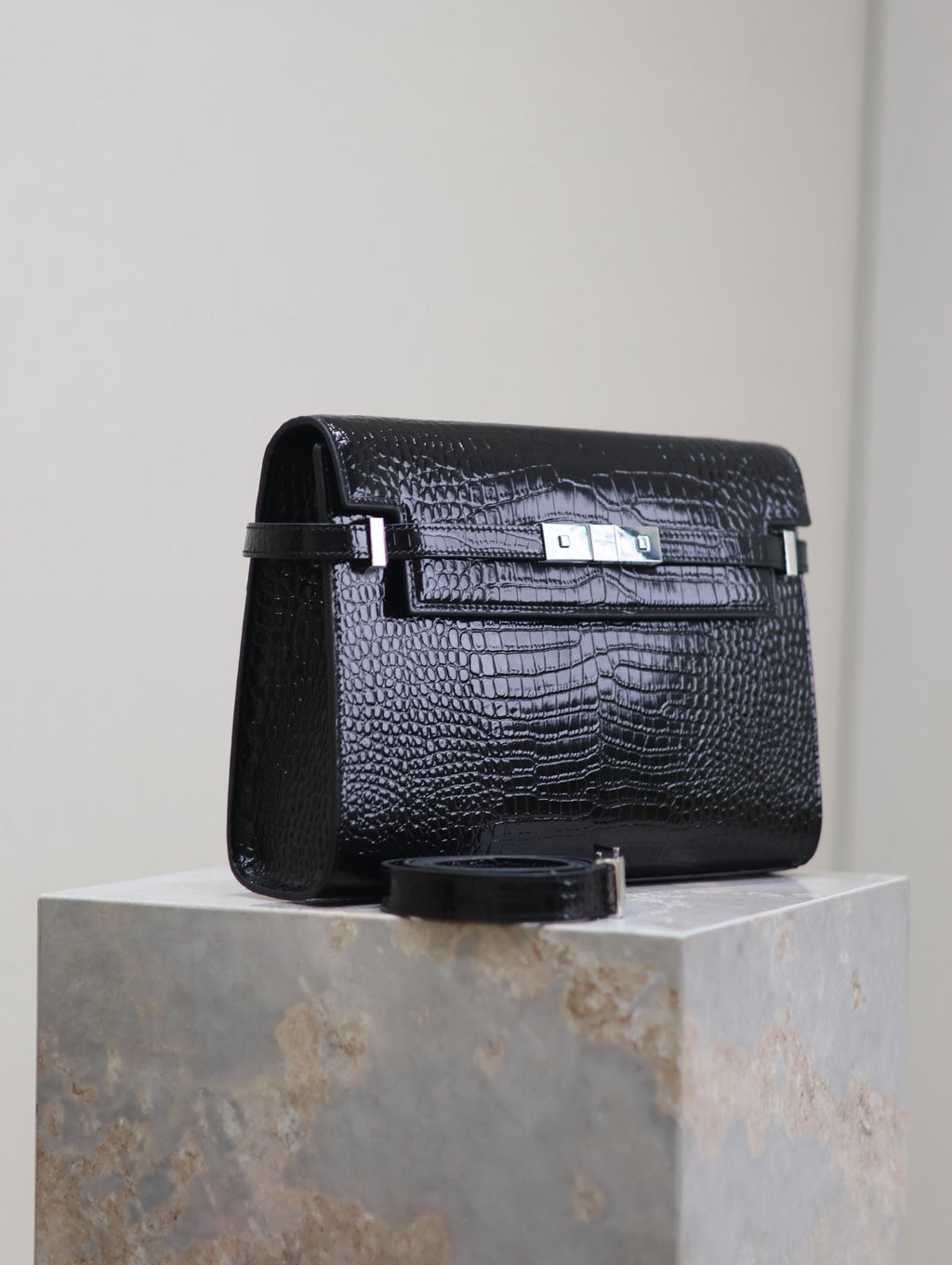 Saint Laurent Manhattan Medium 29 in Black Crocodile-Embossed Calfskin Silver Buckle Bag