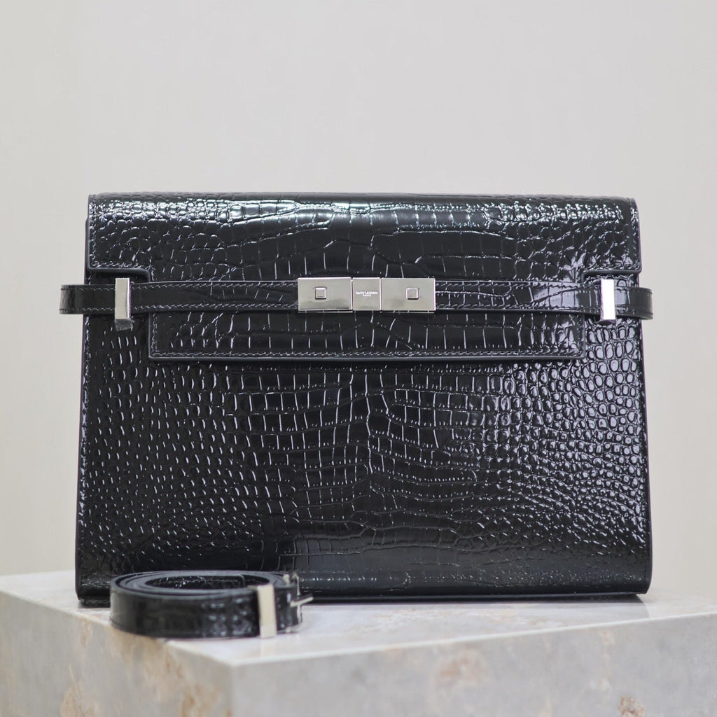 Saint Laurent Manhattan Medium 29 in Black Crocodile-Embossed Calfskin Silver Buckle Bag