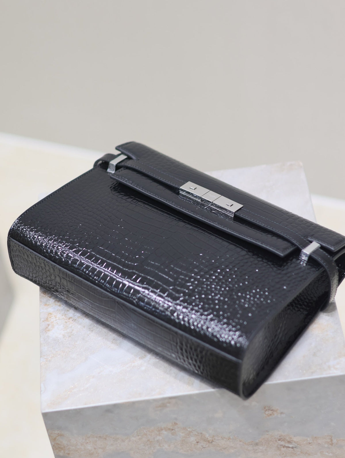 Saint Laurent Manhattan Medium 29 in Black Crocodile-Embossed Calfskin Silver Buckle Bag