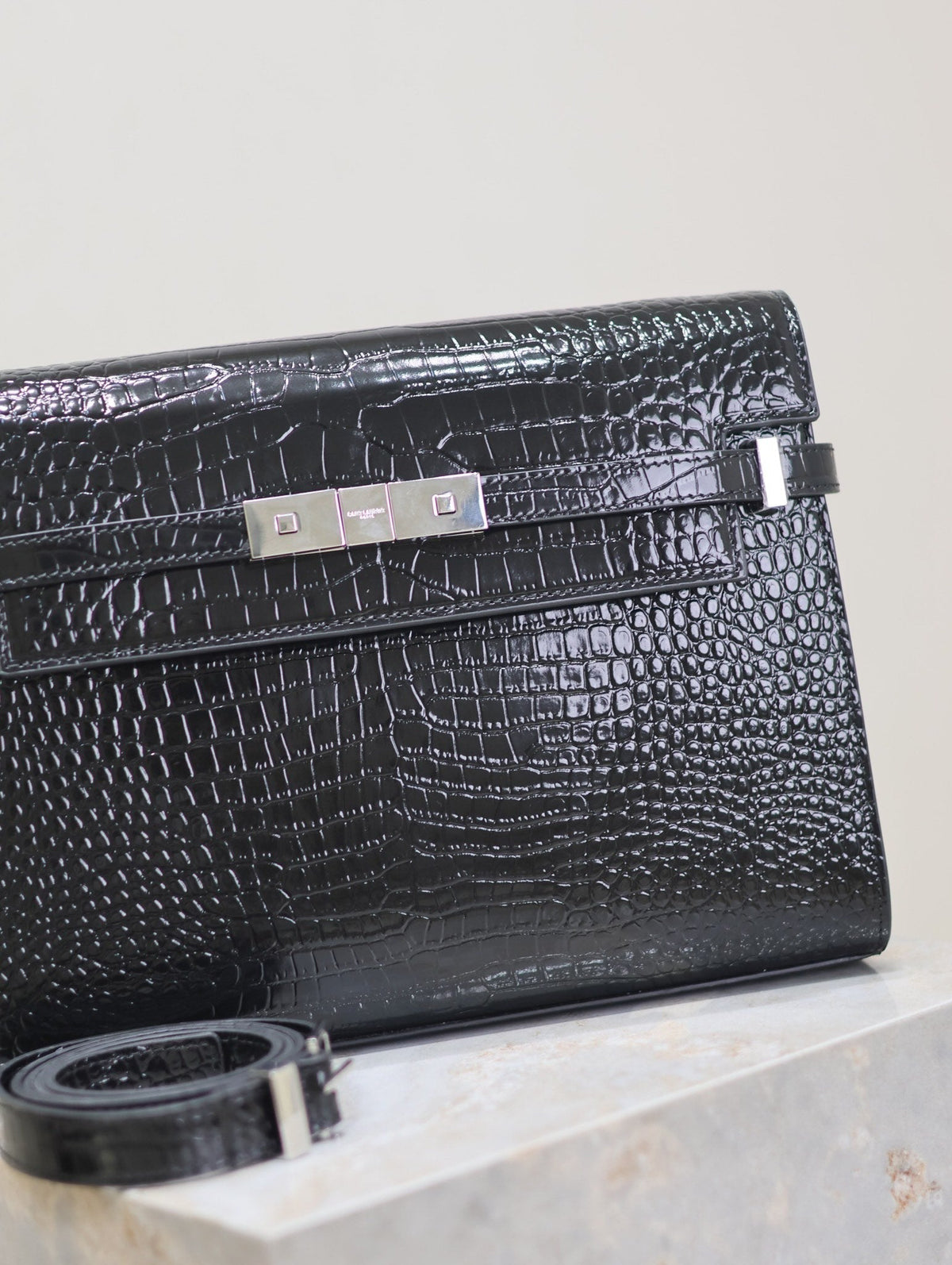 Saint Laurent Manhattan Medium 29 in Black Crocodile-Embossed Calfskin Silver Buckle Bag