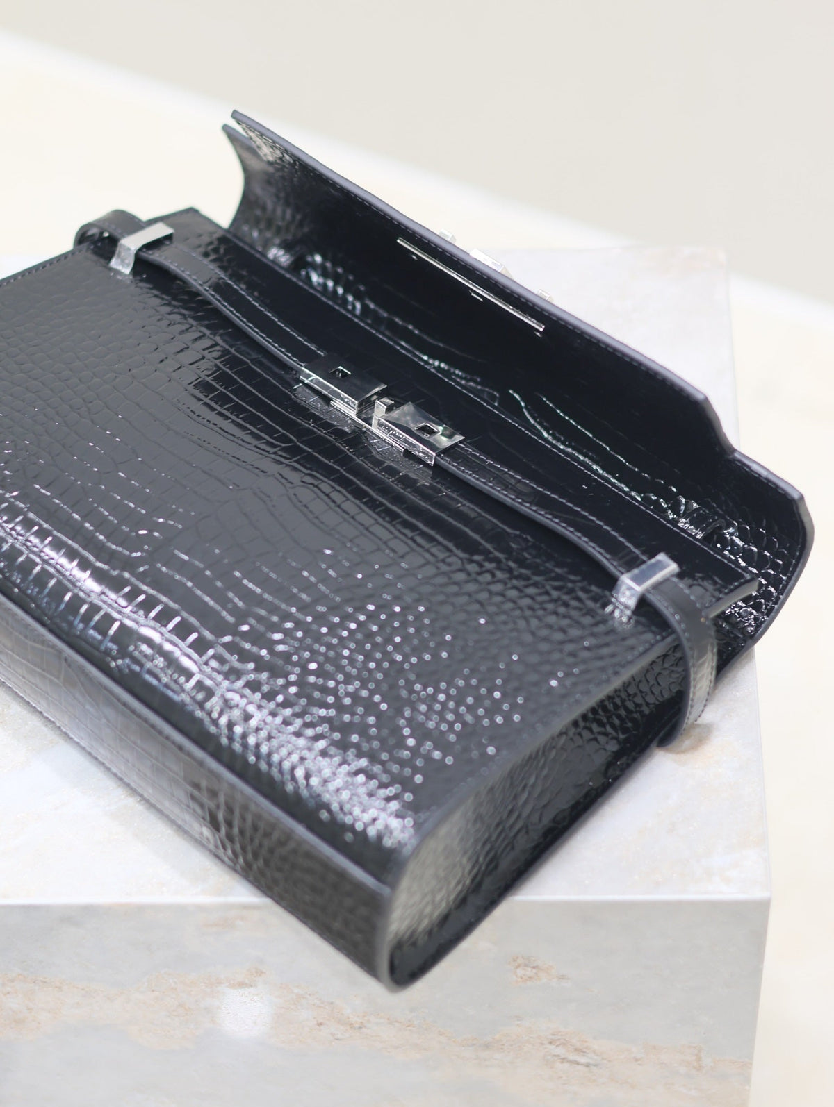 Saint Laurent Manhattan Medium 29 in Black Crocodile-Embossed Calfskin Silver Buckle Bag