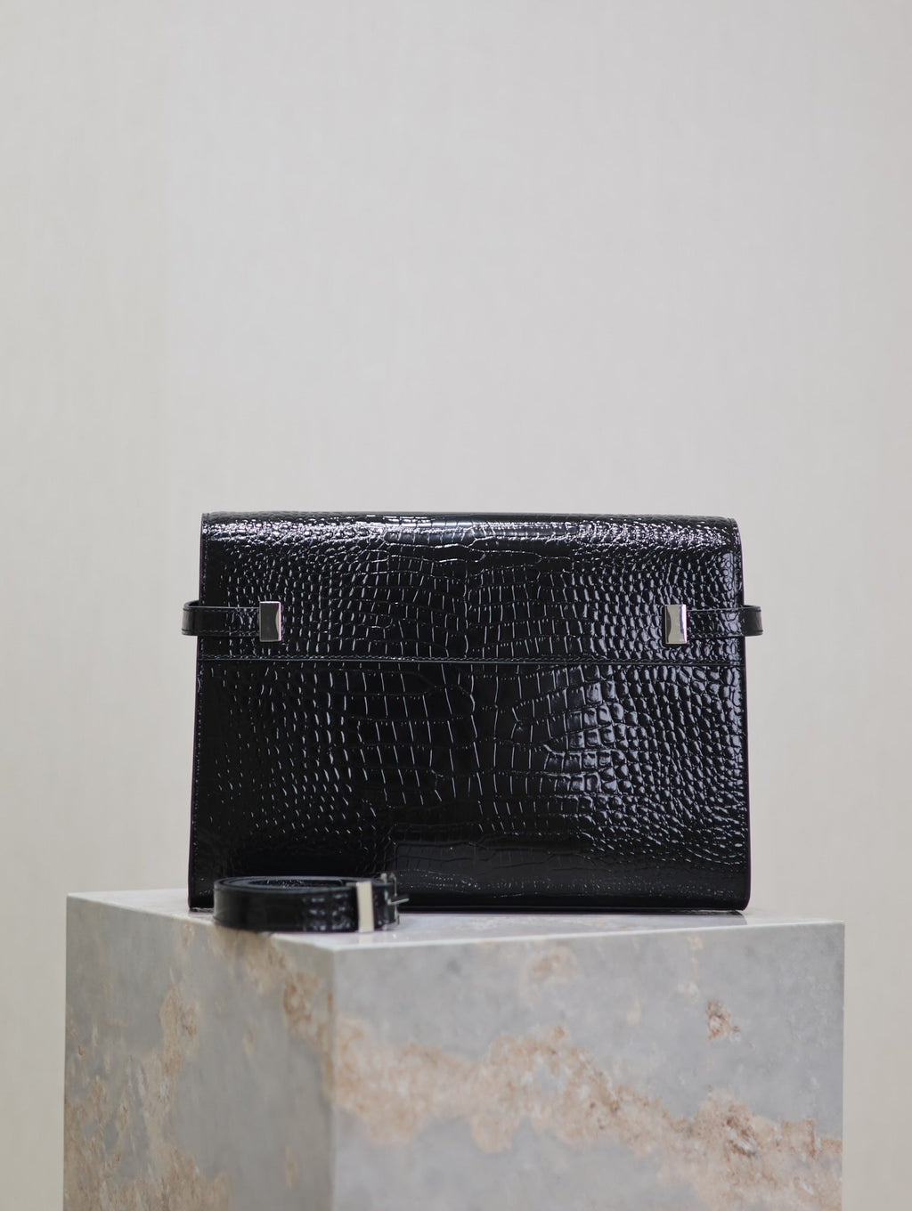 Saint Laurent Manhattan Medium 29 in Black Crocodile-Embossed Calfskin Silver Buckle Bag