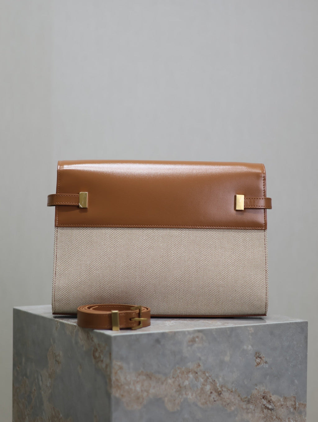 Saint Laurent Manhattan Medium 29 in White Canvas and Brown Calfskin Gold Buckle Bag