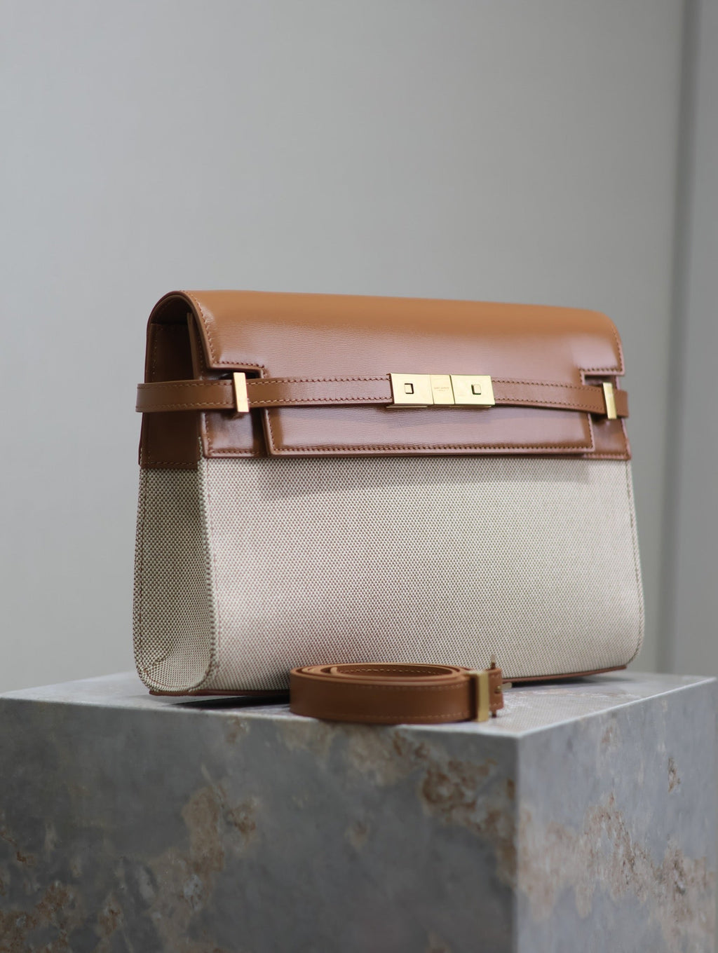 Saint Laurent Manhattan Medium 29 in White Canvas and Brown Calfskin Gold Buckle Bag