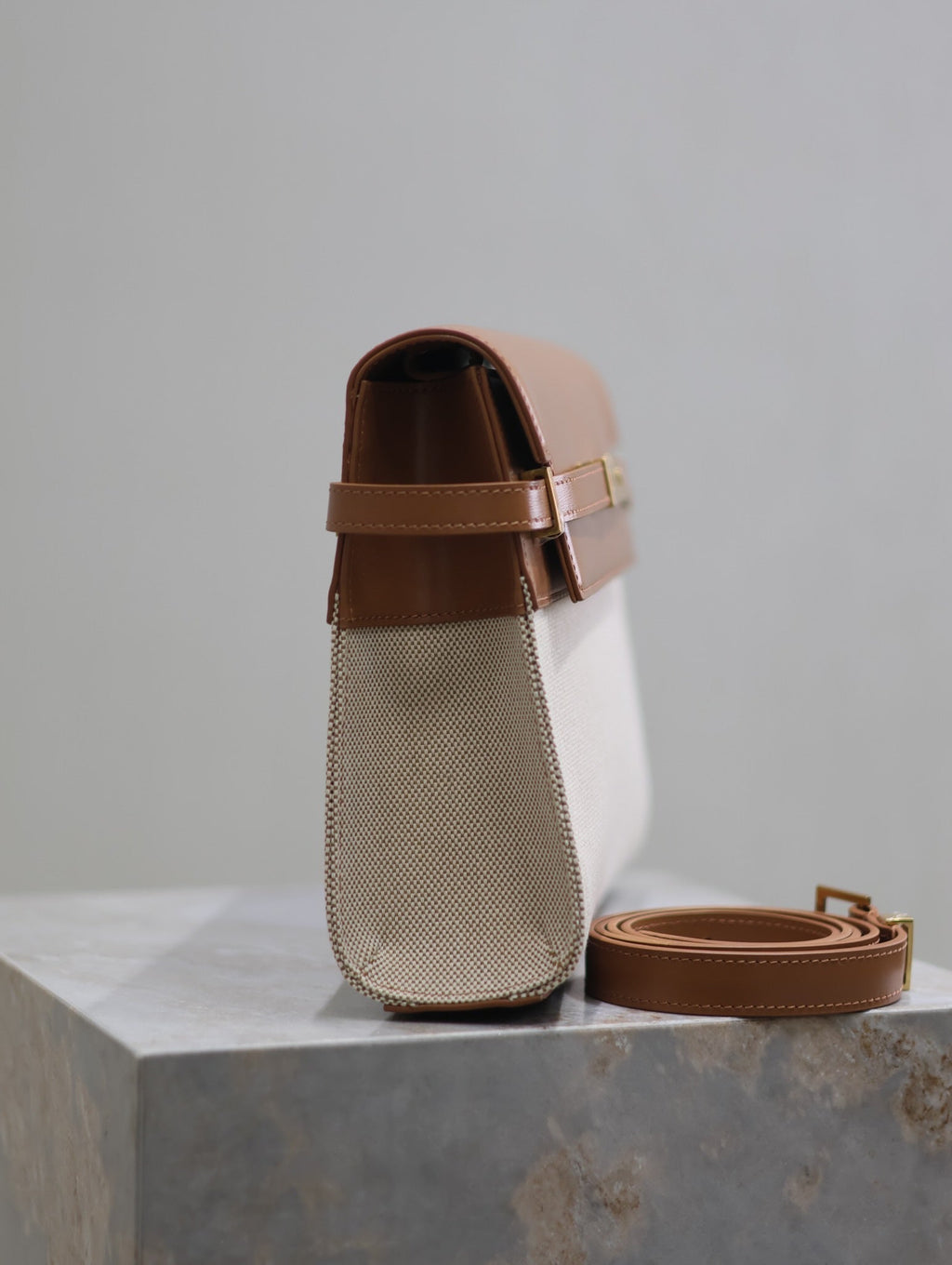 Saint Laurent Manhattan Medium 29 in White Canvas and Brown Calfskin Gold Buckle Bag