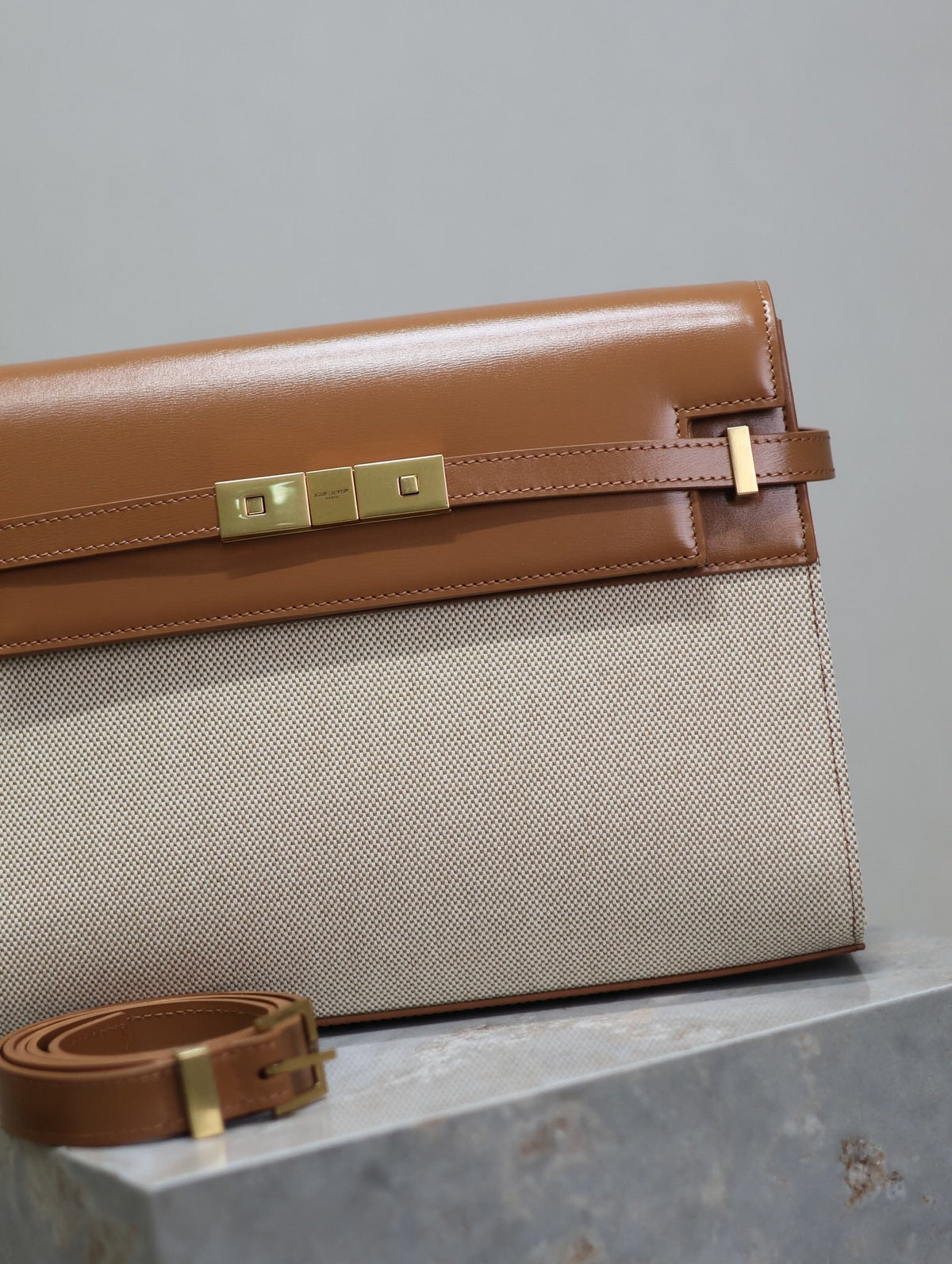 Saint Laurent Manhattan Medium 29 in White Canvas and Brown Calfskin Gold Buckle Bag