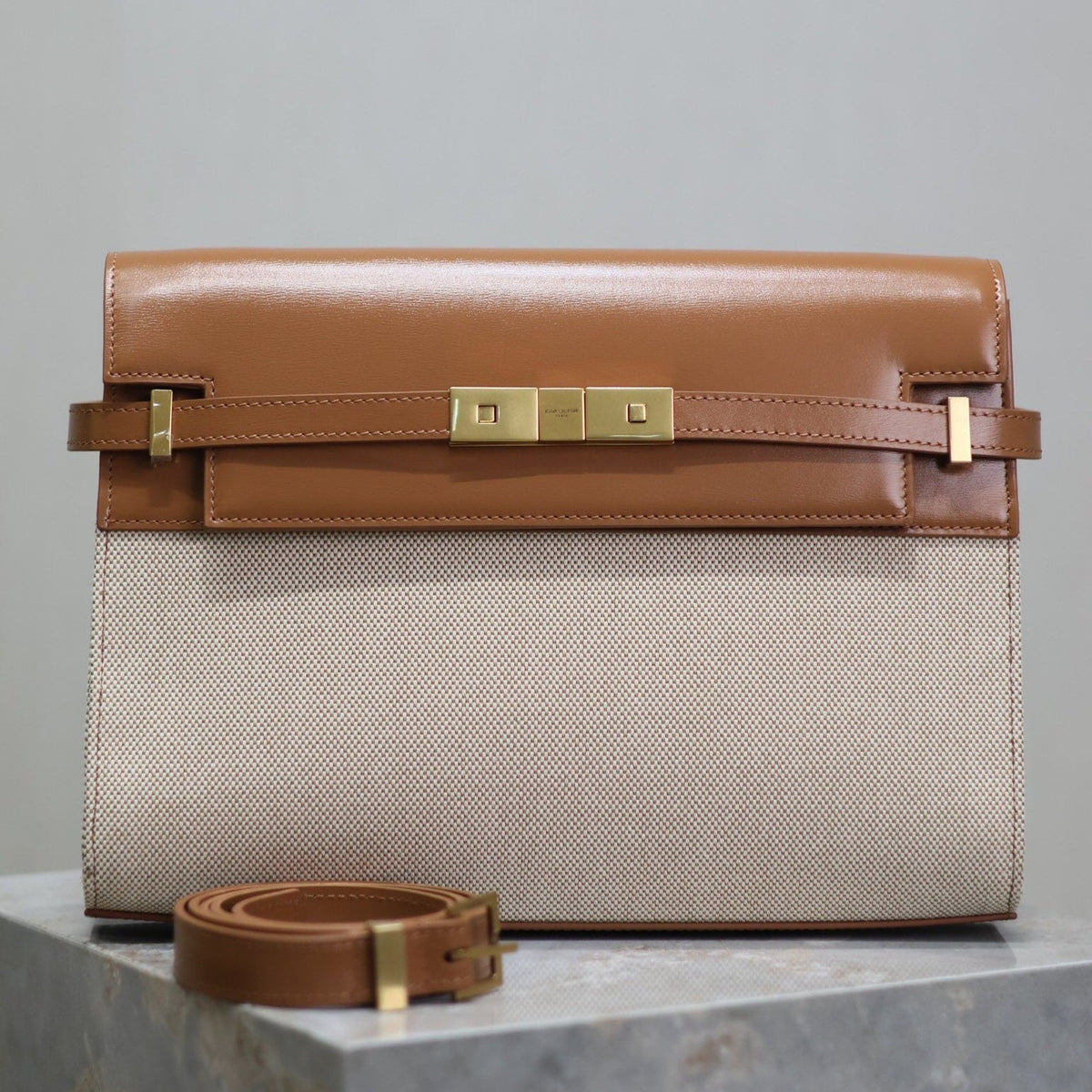 Saint Laurent Manhattan Medium 29 in White Canvas and Brown Calfskin Gold Buckle Bag