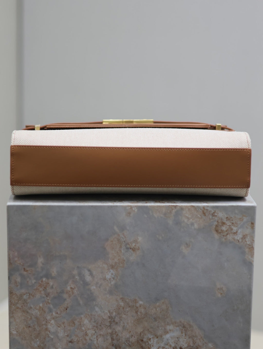 Saint Laurent Manhattan Medium 29 in White Canvas and Brown Calfskin Gold Buckle Bag