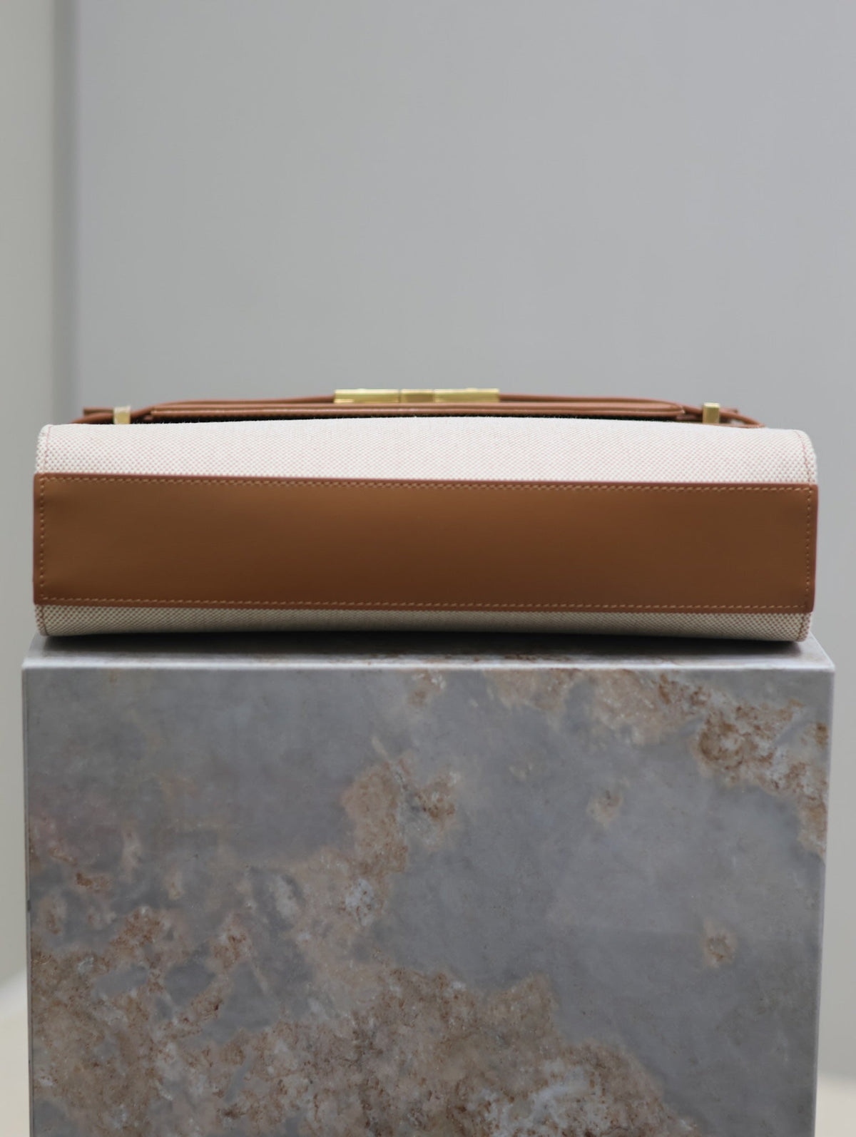 Saint Laurent Manhattan Medium 29 in White Canvas and Brown Calfskin Gold Buckle Bag