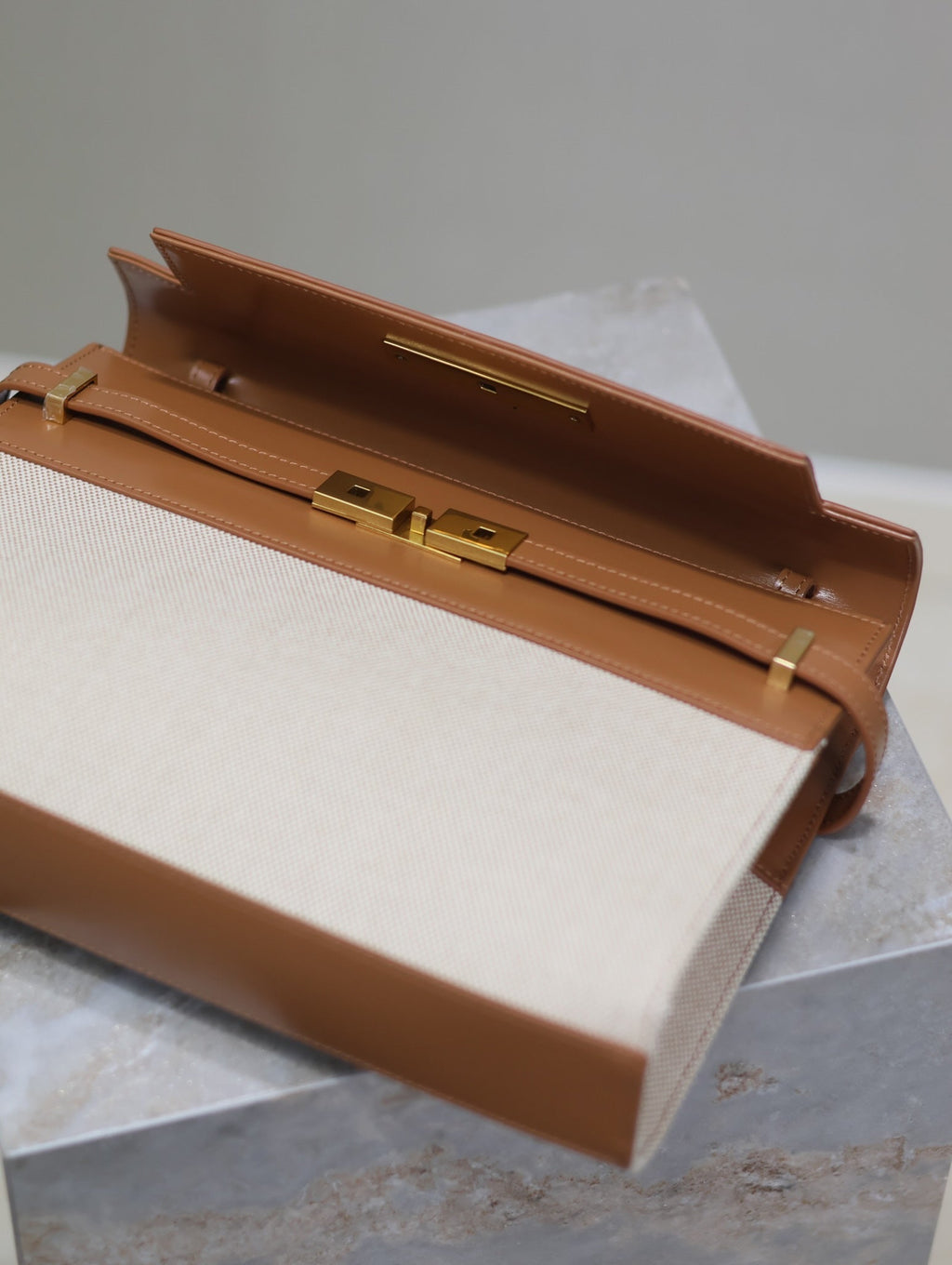 Saint Laurent Manhattan Medium 29 in White Canvas and Brown Calfskin Gold Buckle Bag