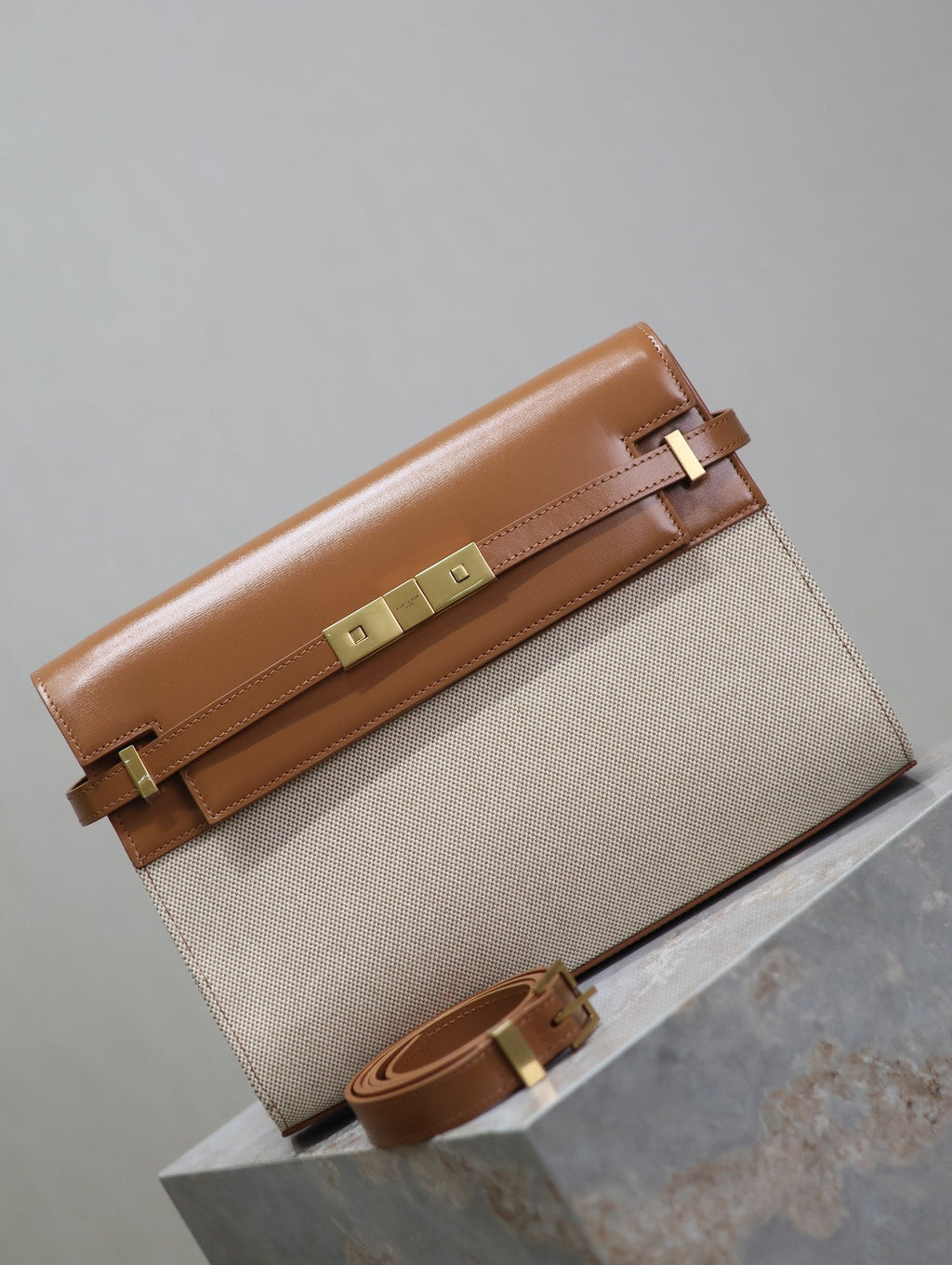 Saint Laurent Manhattan Medium 29 in White Canvas and Brown Calfskin Gold Buckle Bag