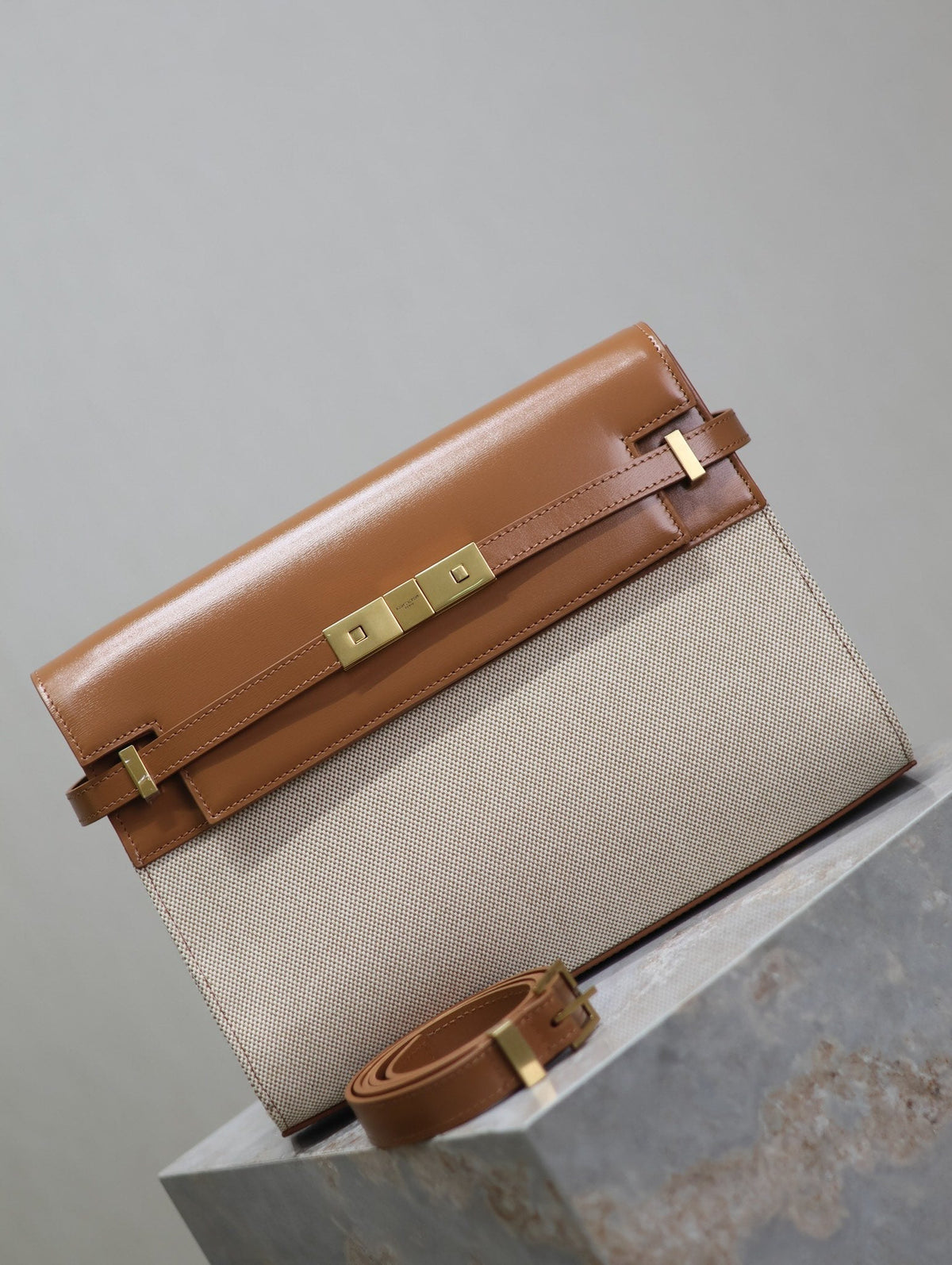 Saint Laurent Manhattan Medium 29 in White Canvas and Brown Calfskin Gold Buckle Bag