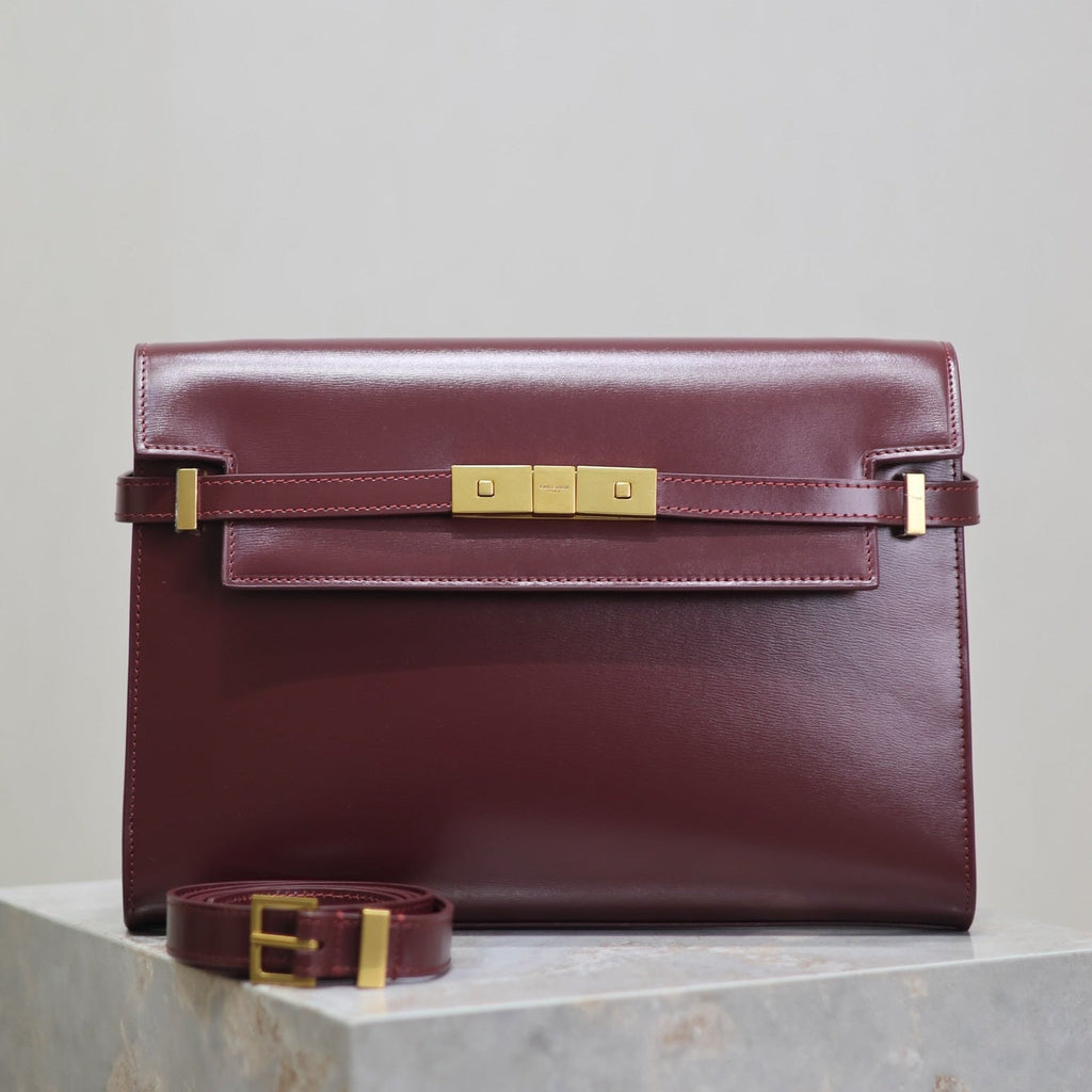 Saint Laurent Manhattan Medium 29 in Wine Red Smooth Calfskin Gold Buckle Bag