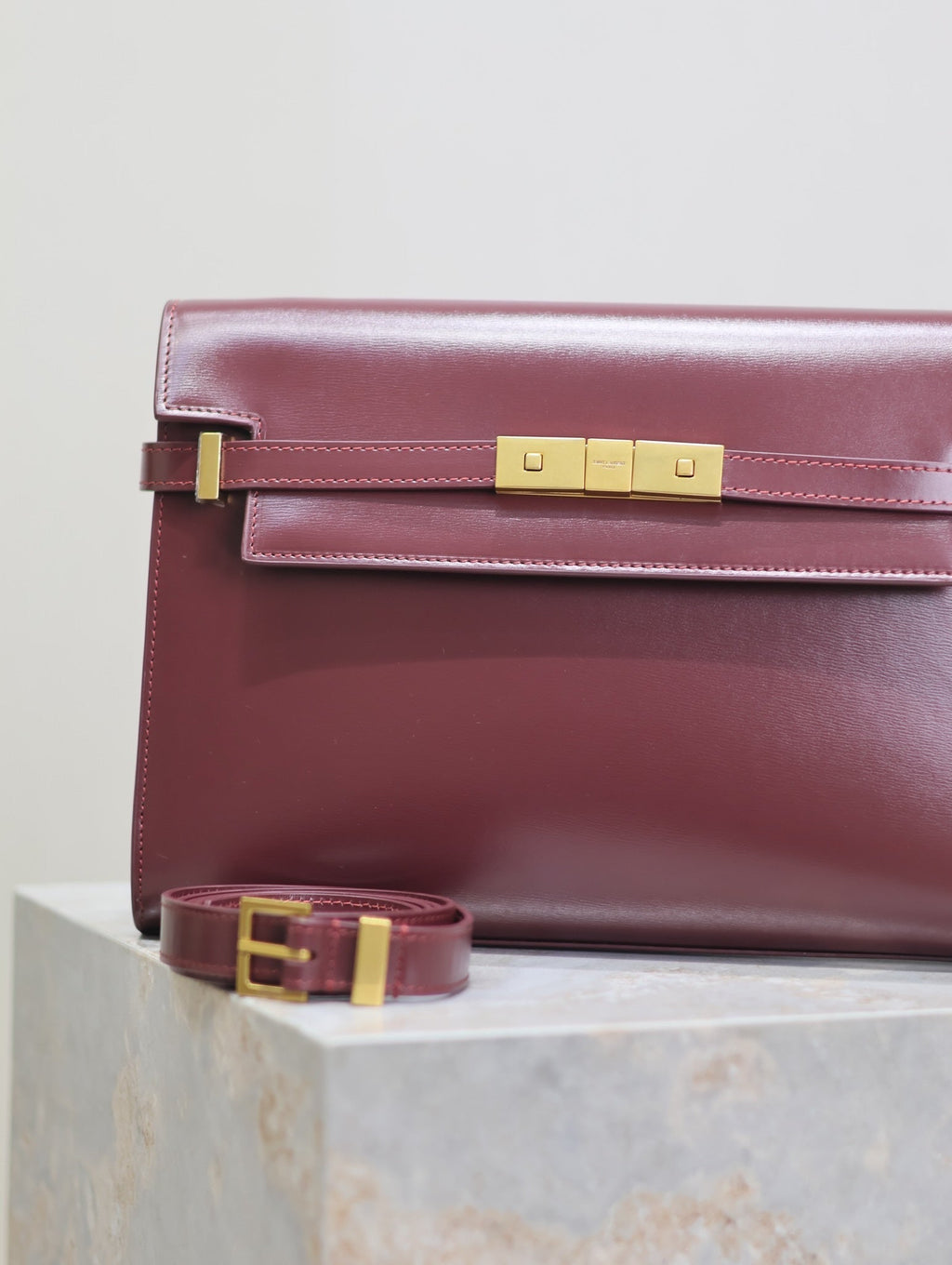 Saint Laurent Manhattan Medium 29 in Wine Red Smooth Calfskin Gold Buckle Bag