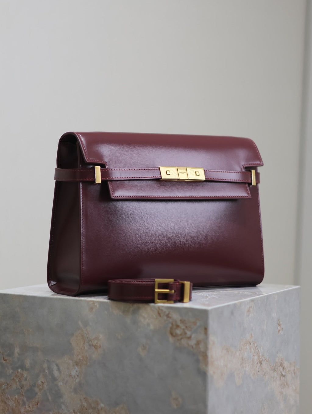 Saint Laurent Manhattan Medium 29 in Wine Red Smooth Calfskin Gold Buckle Bag