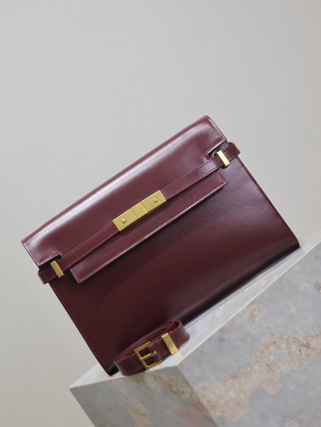 Saint Laurent Manhattan Medium 29 in Wine Red Smooth Calfskin Gold Buckle Bag