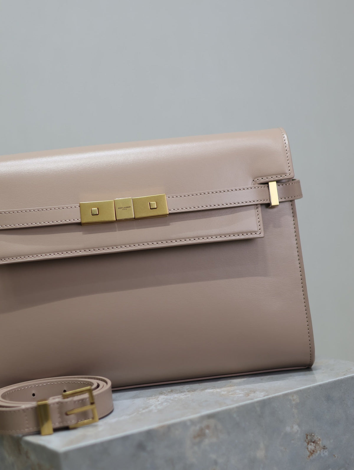 Saint Laurent Manhattan Medium 29 in Dark Beige Smooth Calfskin Gold Buckle Bag