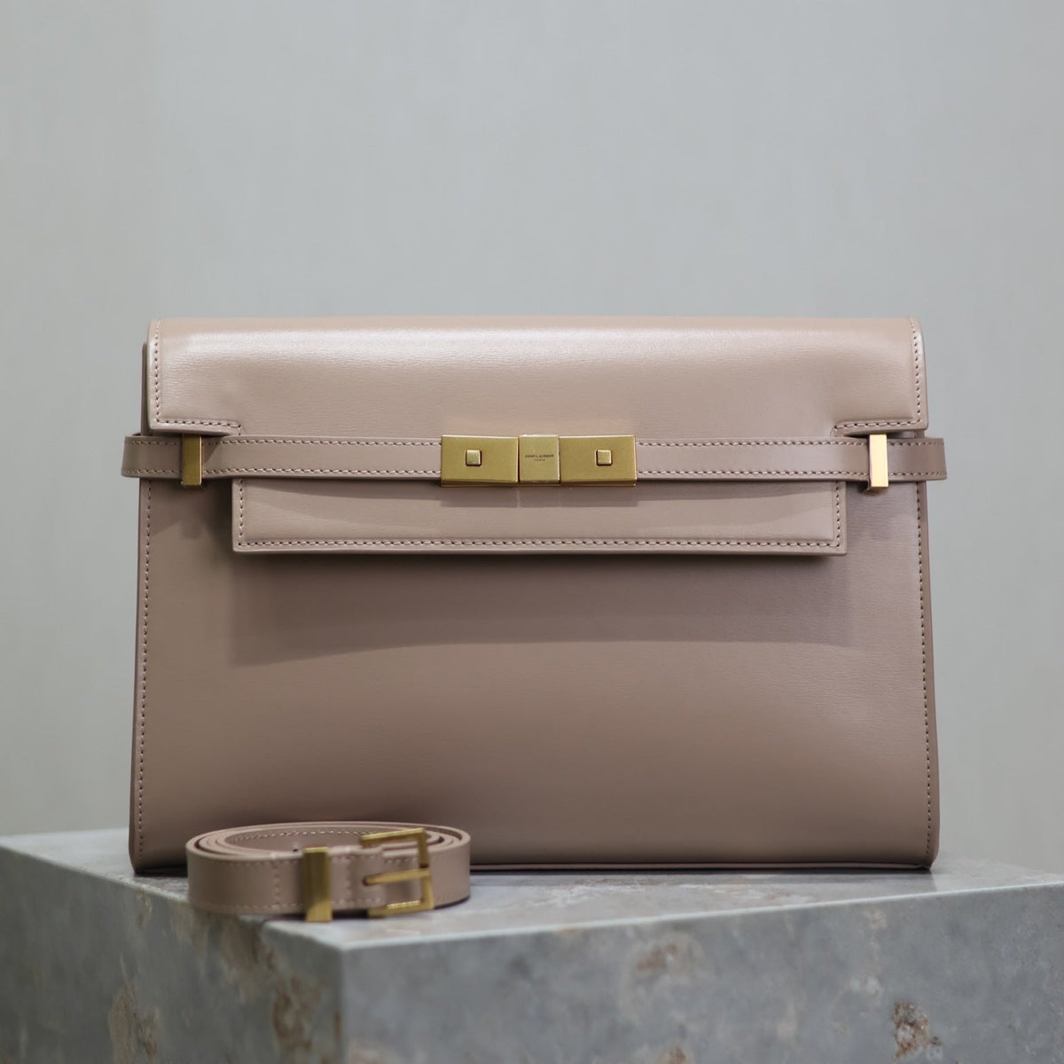 Saint Laurent Manhattan Medium 29 in Dark Beige Smooth Calfskin Gold Buckle Bag