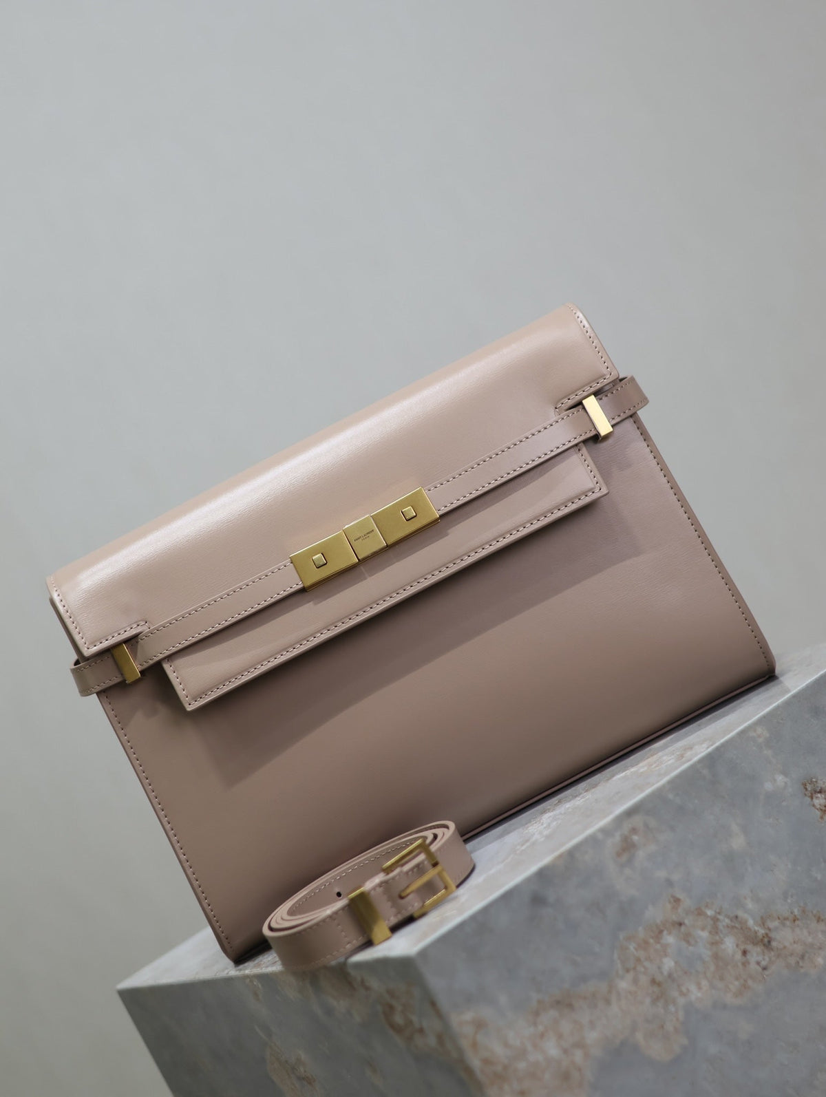 Saint Laurent Manhattan Medium 29 in Dark Beige Smooth Calfskin Gold Buckle Bag