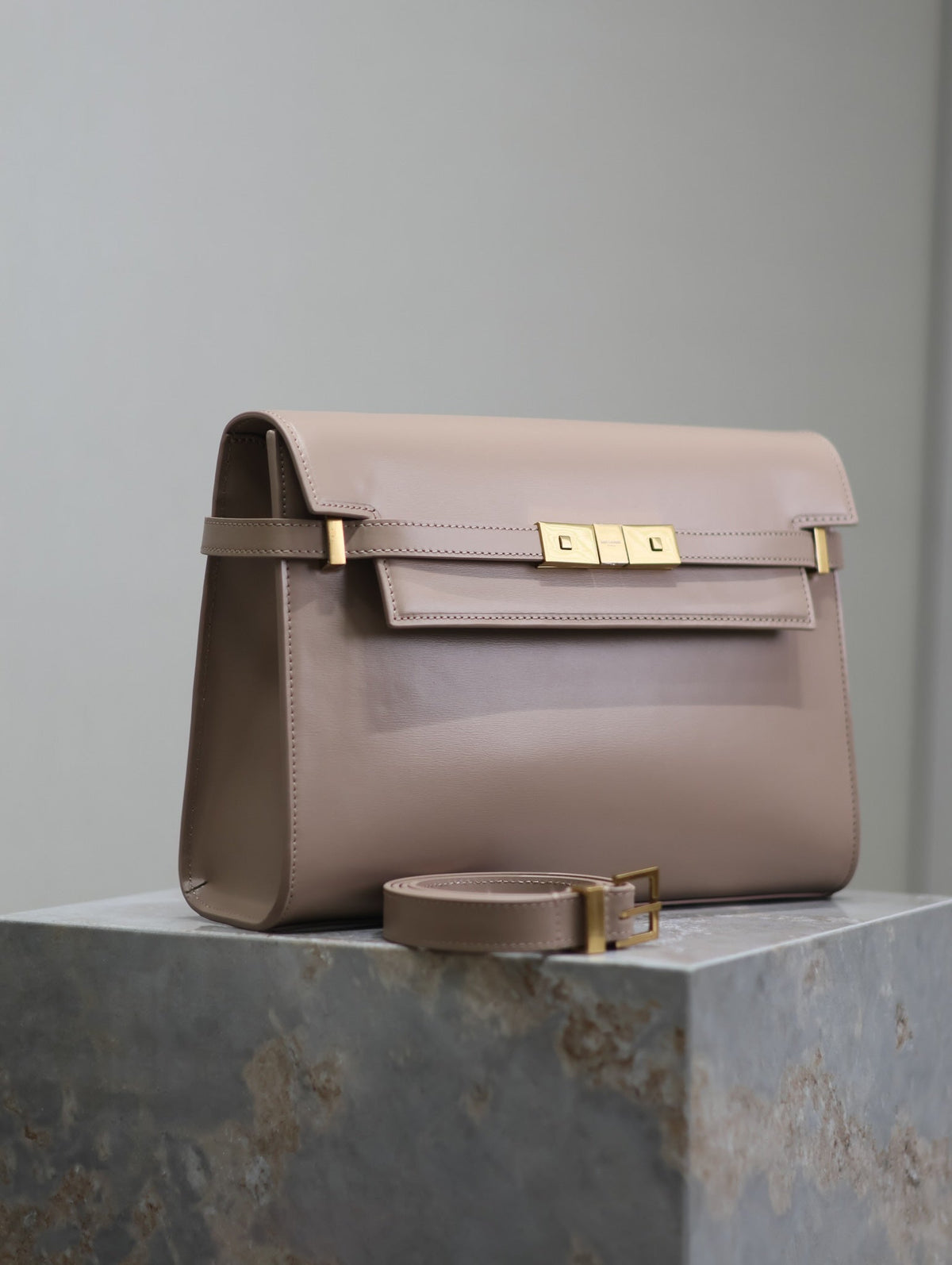 Saint Laurent Manhattan Medium 29 in Dark Beige Smooth Calfskin Gold Buckle Bag