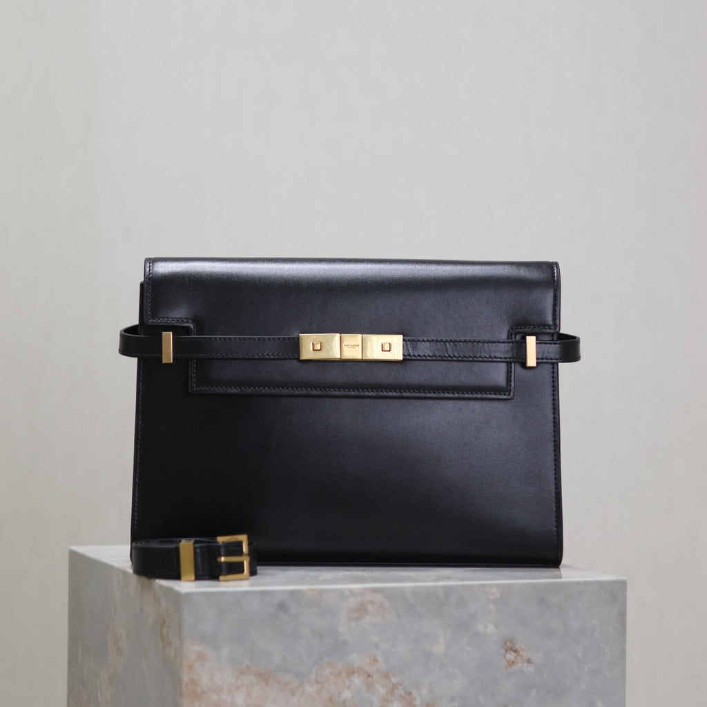 Saint Laurent Manhattan Medium 29 in Black Smooth Calfskin Gold Buckle Bag
